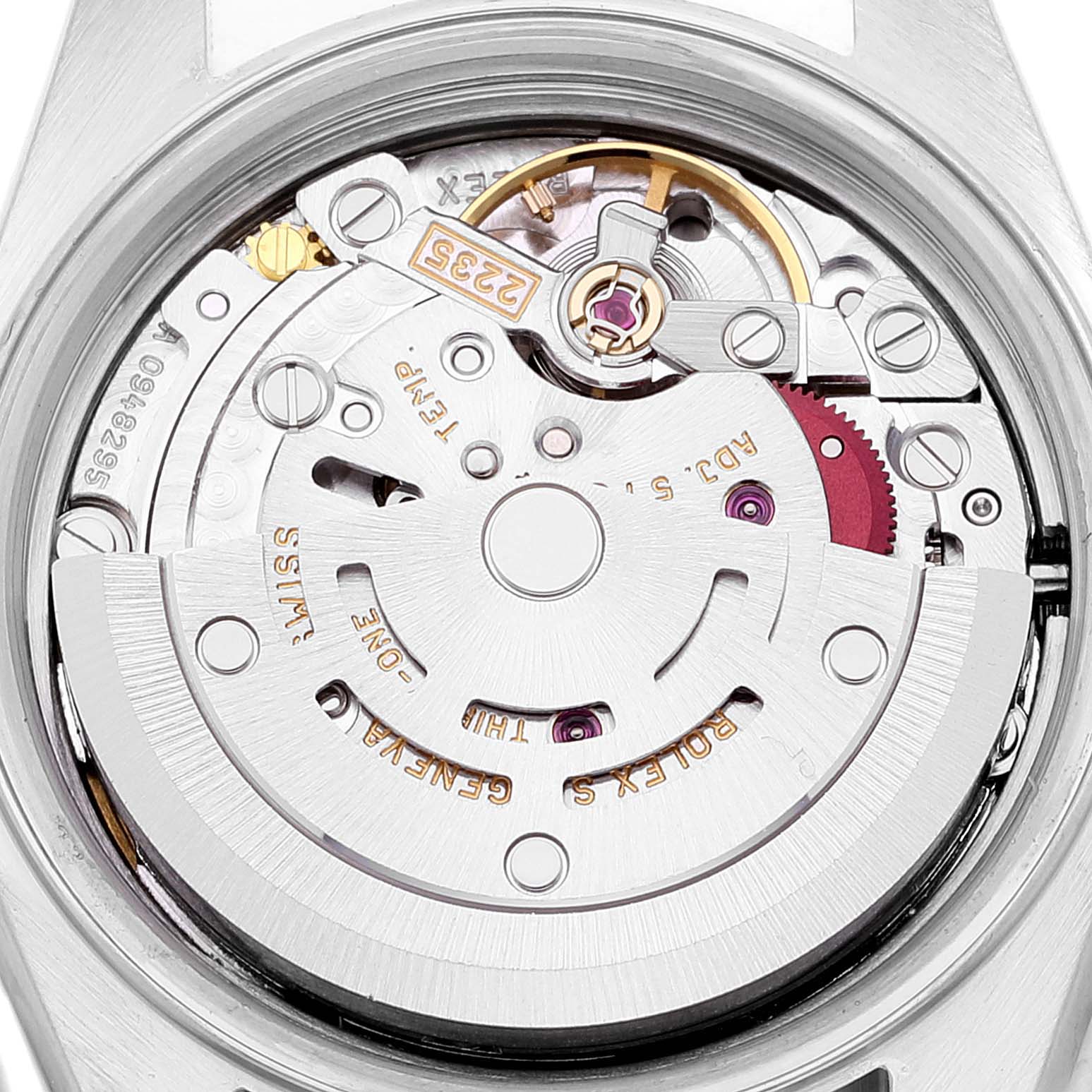 This image shows the internal mechanism of a Rolex Datejust 79173 Women
s Steel and Gold (two tone) Mother of Pearl Dial 79173 Women
s Steel and Gold (two tone) Mother of Pearl Dial watch, viewed from the back.