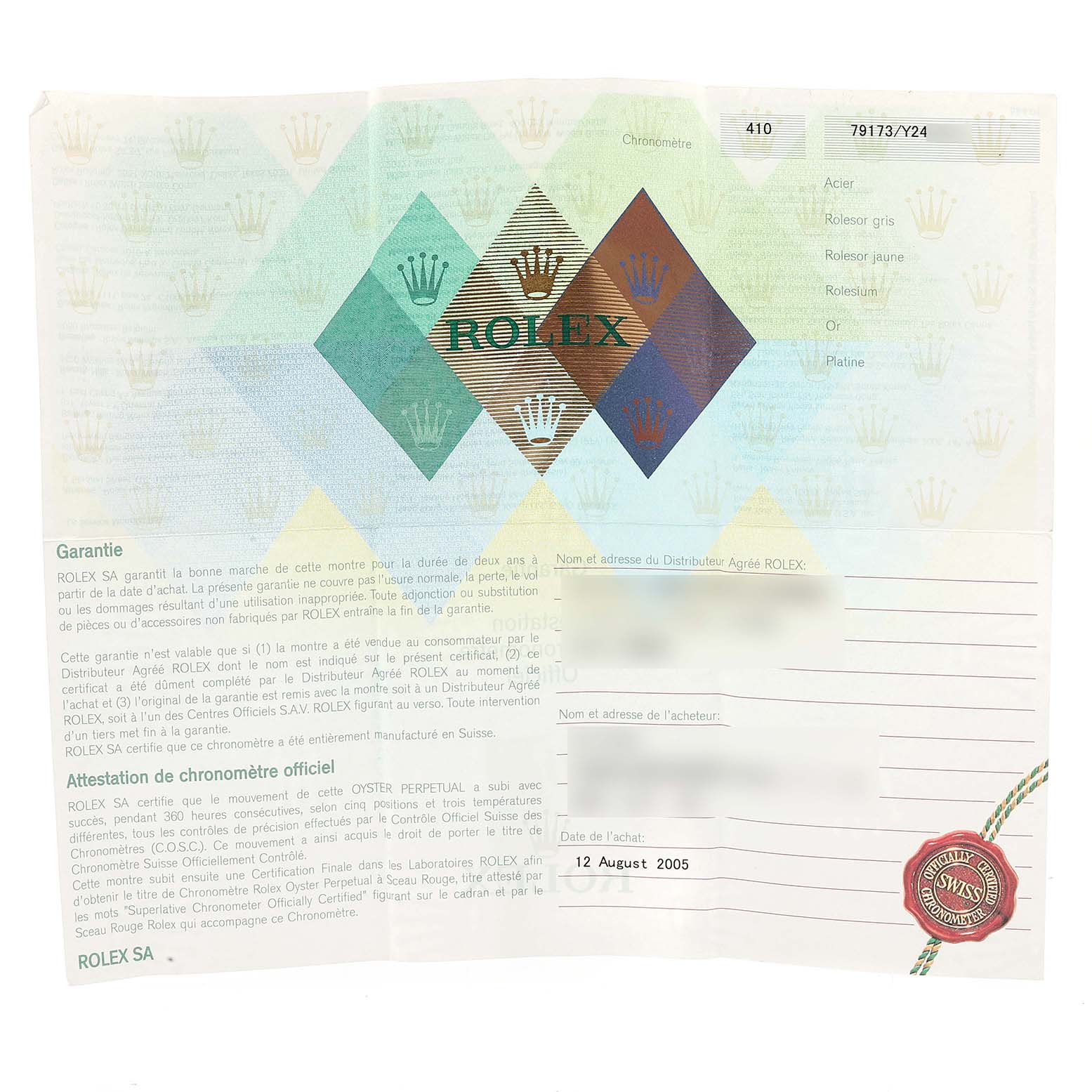 This image shows the warranty and chronometer certification paper for a Rolex Datejust 79173 Women
s Steel and Gold (two tone) Mother of Pearl Dial 79173 Women
s Steel and Gold (two tone) Mother of Pearl Dial model.