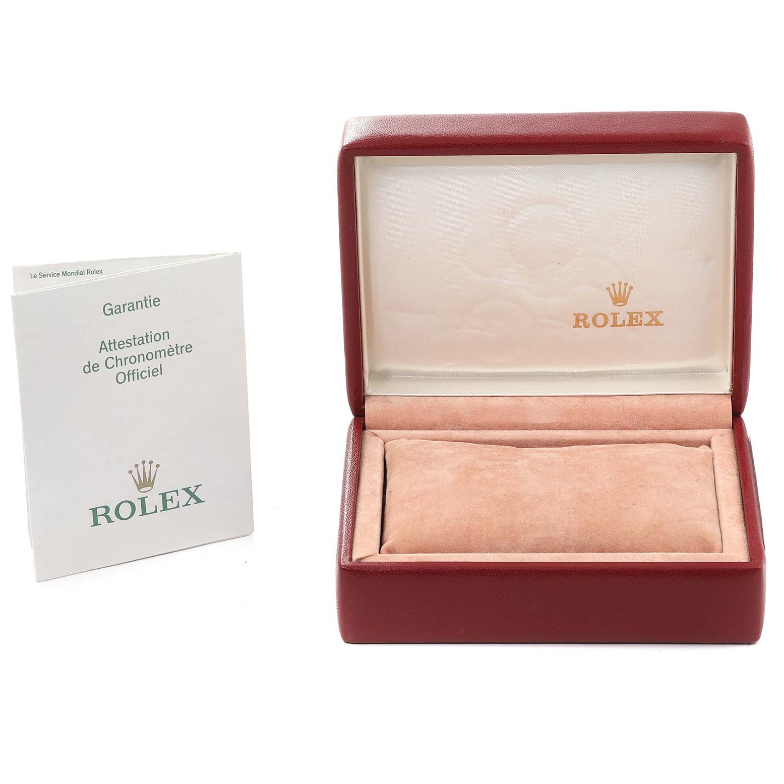 The image shows an empty, open Rolex Datejust 79173 Women
s Steel and Gold (two tone) Mother of Pearl Dial 79173 Women
s Steel and Gold (two tone) Mother of Pearl Dial watch box and its official guarantee certificate.