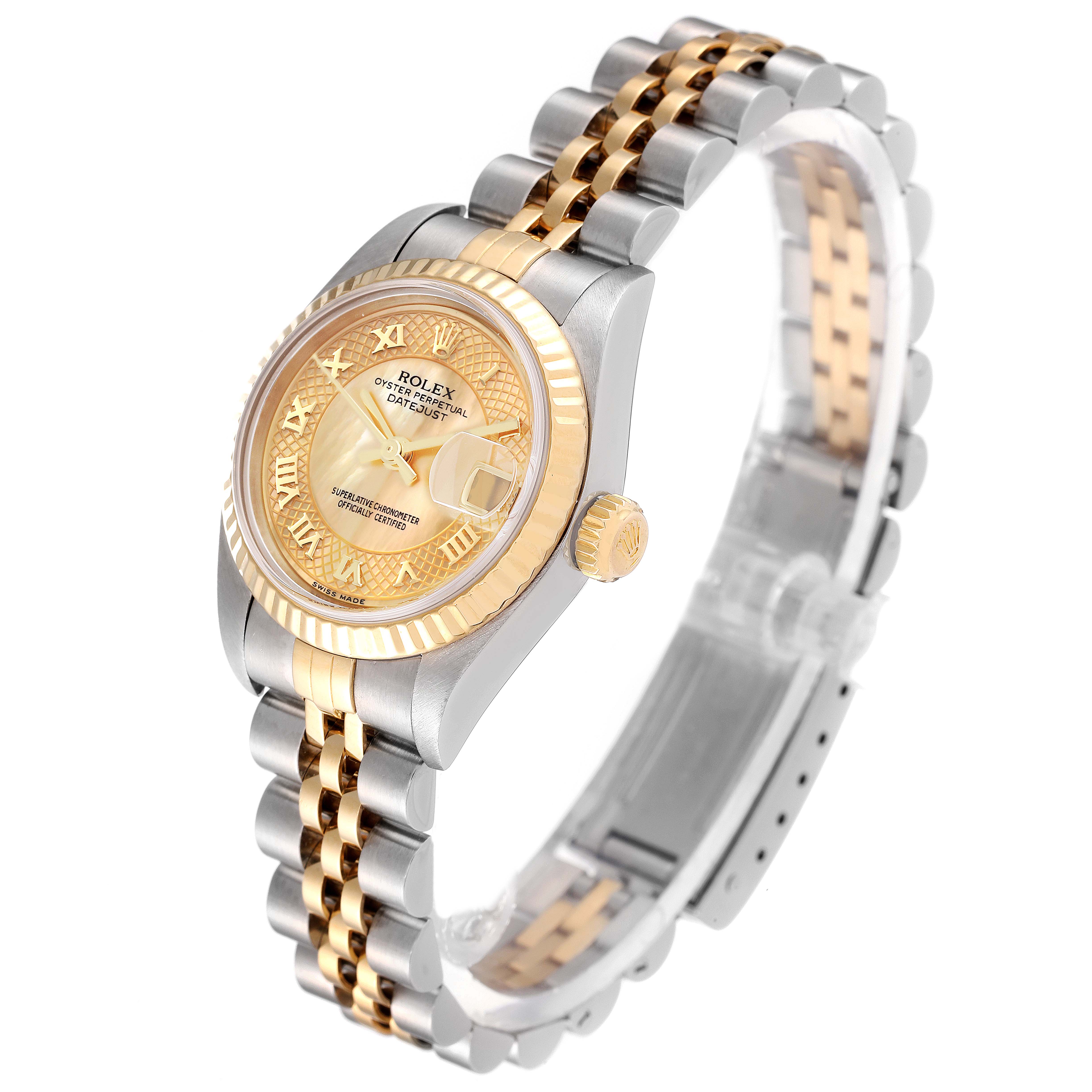 The image shows a Rolex Datejust 79173 Women
s Steel and Gold (two tone) Mother of Pearl Dial 79173 Women
s Steel and Gold (two tone) Mother of Pearl Dial watch from an angled side view, highlighting its two-tone bracelet and gold dial.