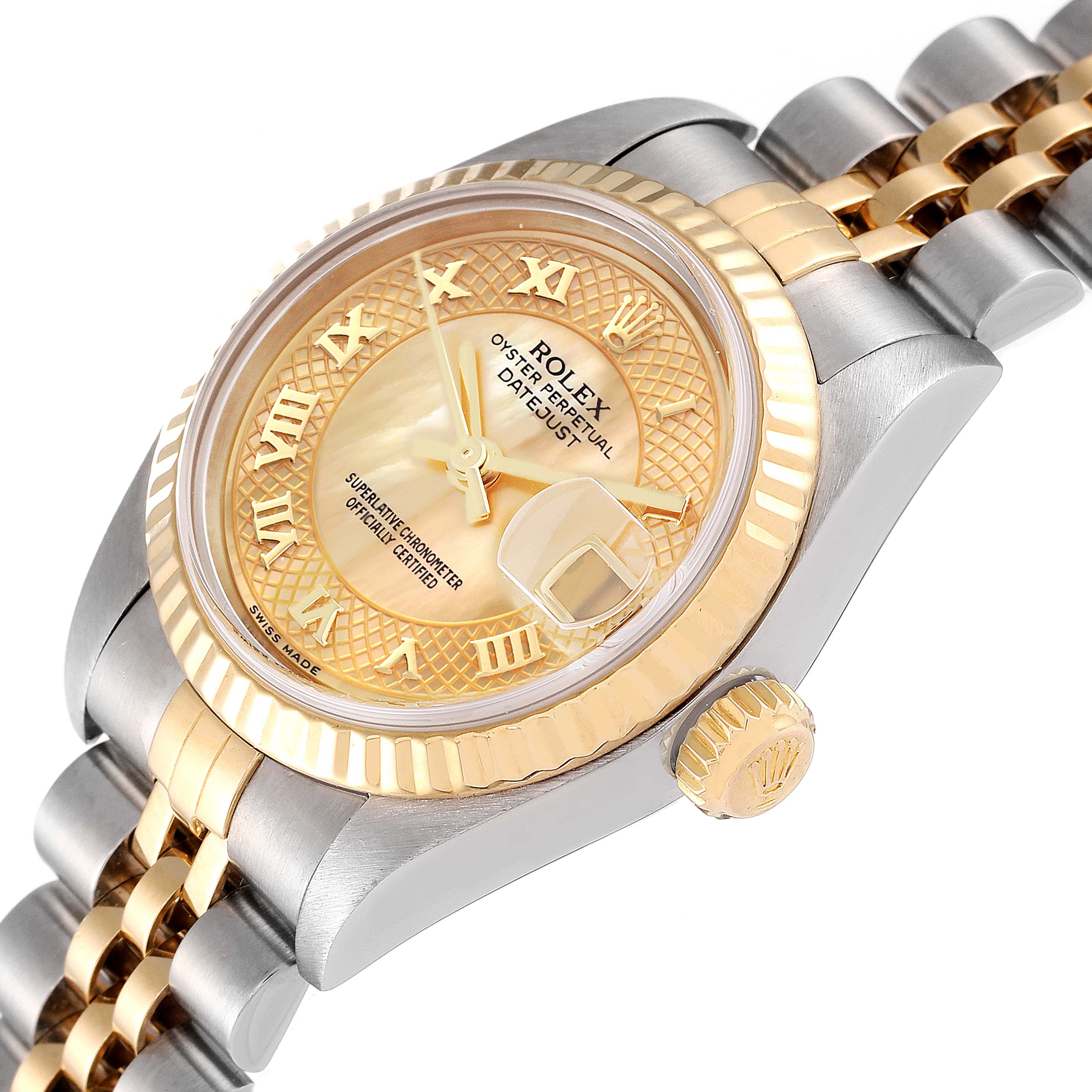 The image shows a close-up angle of the Rolex Datejust 79173 Women
s Steel and Gold (two tone) Mother of Pearl Dial 79173 Women
s Steel and Gold (two tone) Mother of Pearl Dial model, highlighting the face, bezel, crown, and part of the bracelet.