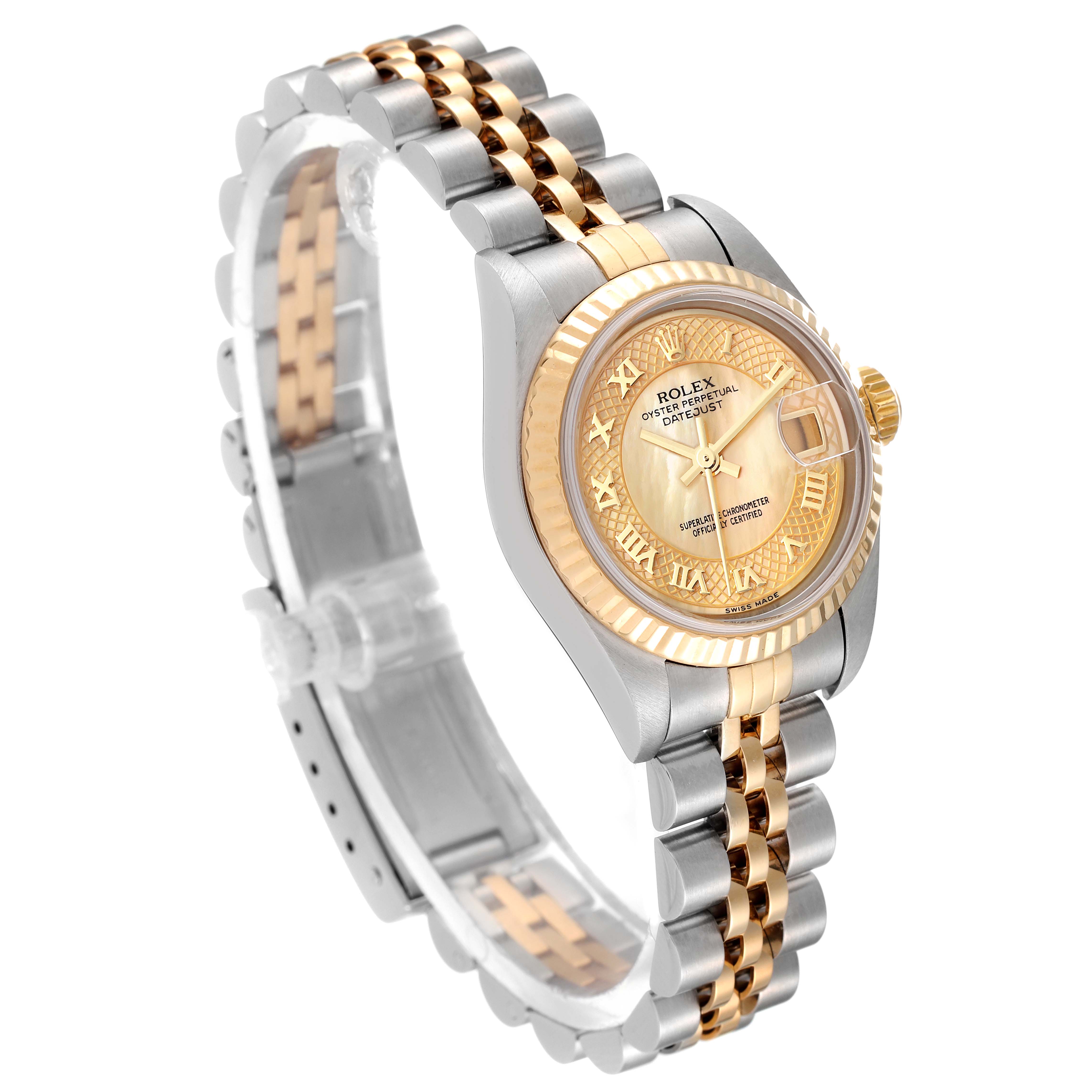 The Rolex Datejust 79173 Women
s Steel and Gold (two tone) Mother of Pearl Dial 79173 Women
s Steel and Gold (two tone) Mother of Pearl Dial watch is shown from a front-left angle, highlighting its two-tone bracelet and gold dial.