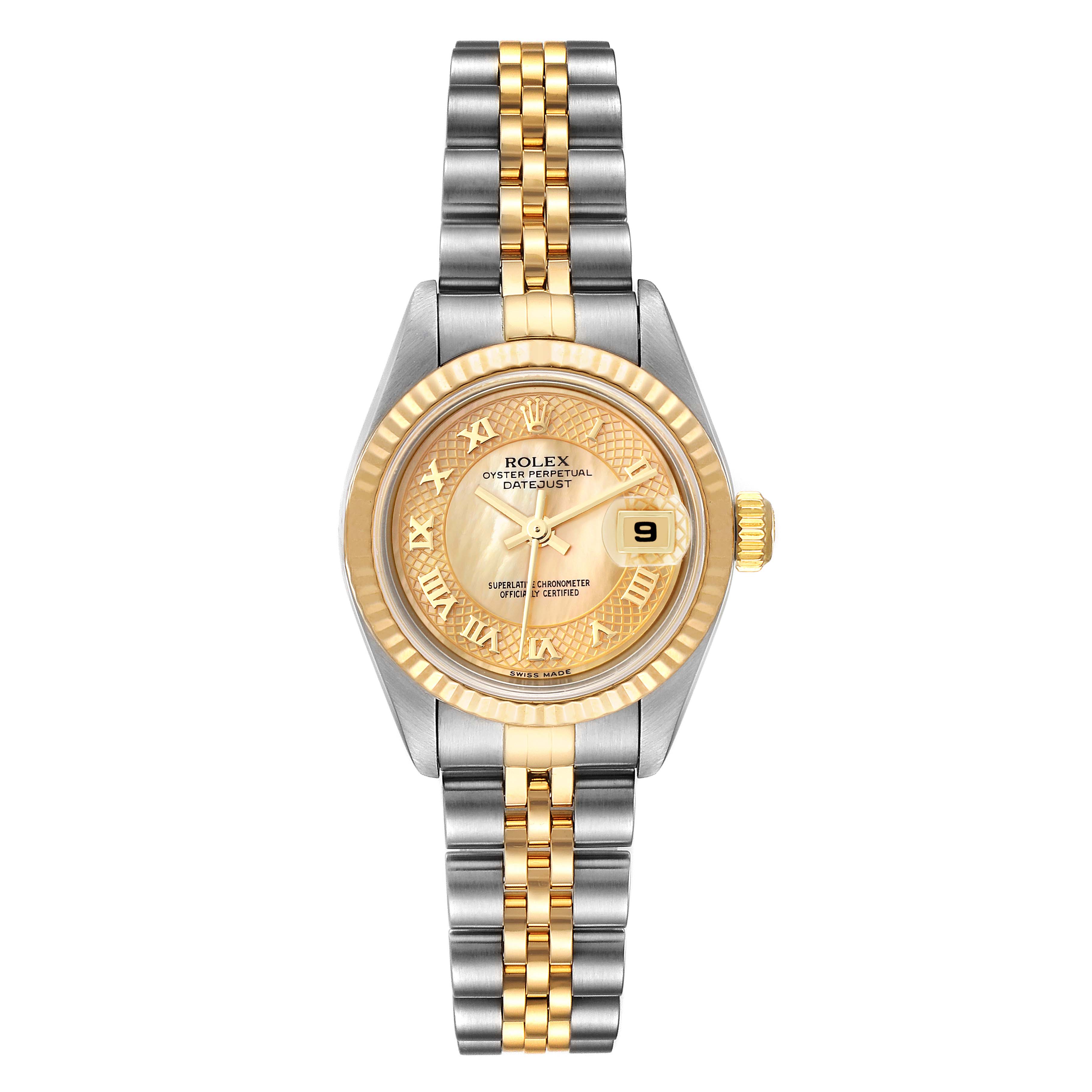 The image shows a front view of the Rolex Datejust 79173 Women
s Steel and Gold (two tone) Mother of Pearl Dial 79173 Women
s Steel and Gold (two tone) Mother of Pearl Dial, highlighting its gold and stainless steel bracelet and gold dial with fluted bezel.