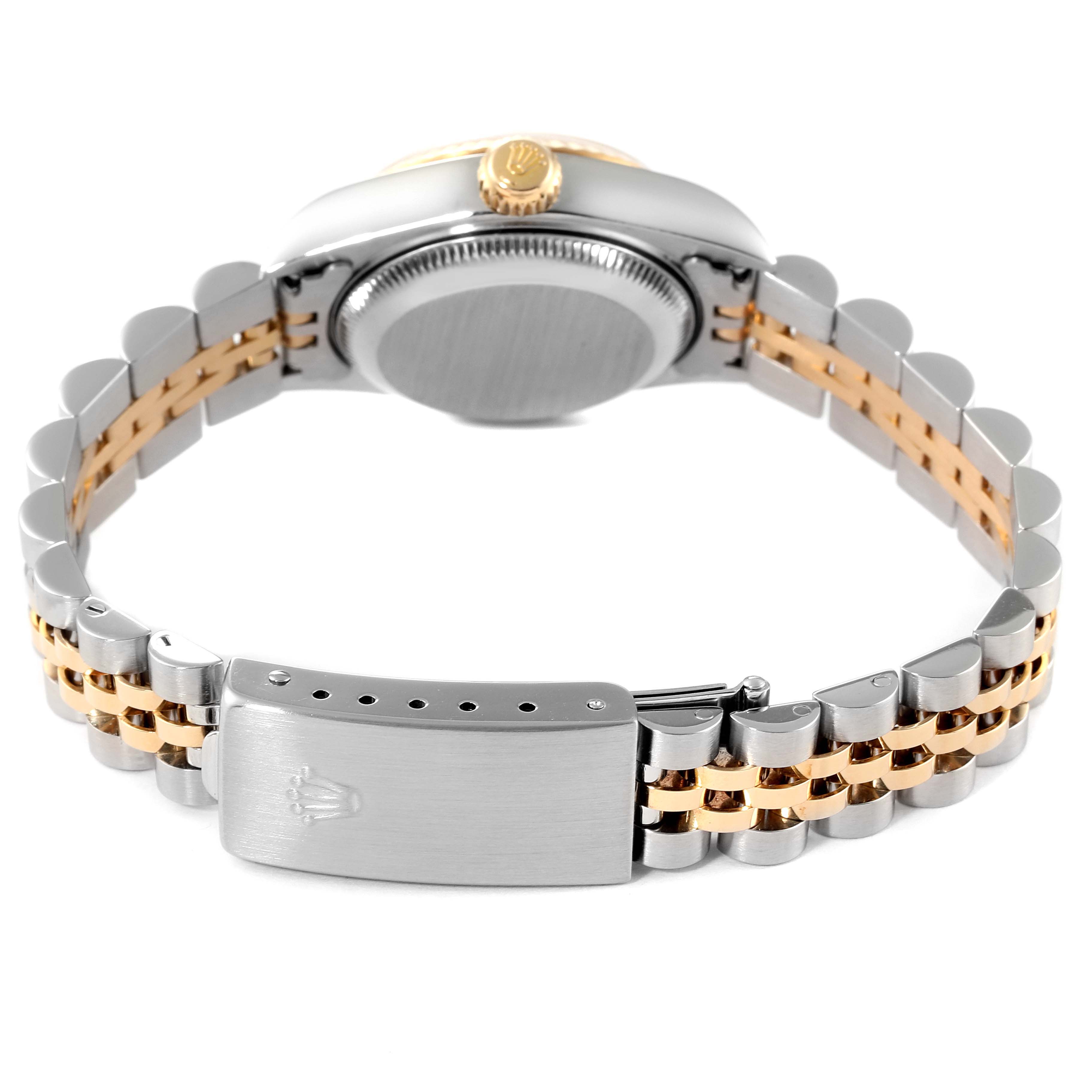 The image shows a side view of a Rolex Datejust 79173 Women
s Steel and Gold (two tone) Mother of Pearl Dial 79173 Women
s Steel and Gold (two tone) Mother of Pearl Dial watch focusing on the bracelet and clasp with the back of the watch face slightly visible.