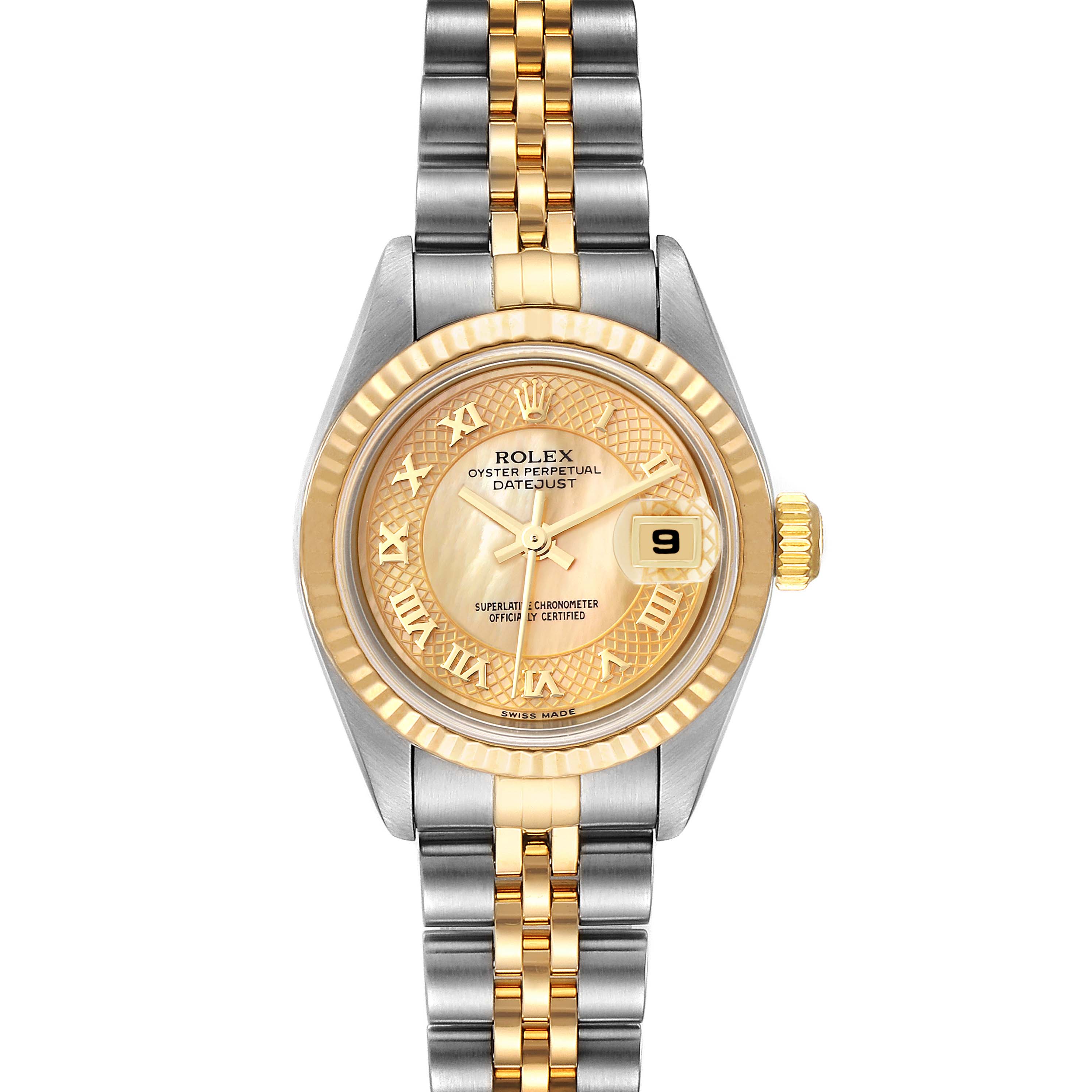 This image shows a Rolex Datejust 79173 Women
s Steel and Gold (two tone) Mother of Pearl Dial 79173 Women
s Steel and Gold (two tone) Mother of Pearl Dial watch from a front view, highlighting its face, bezel, and two-tone bracelet.