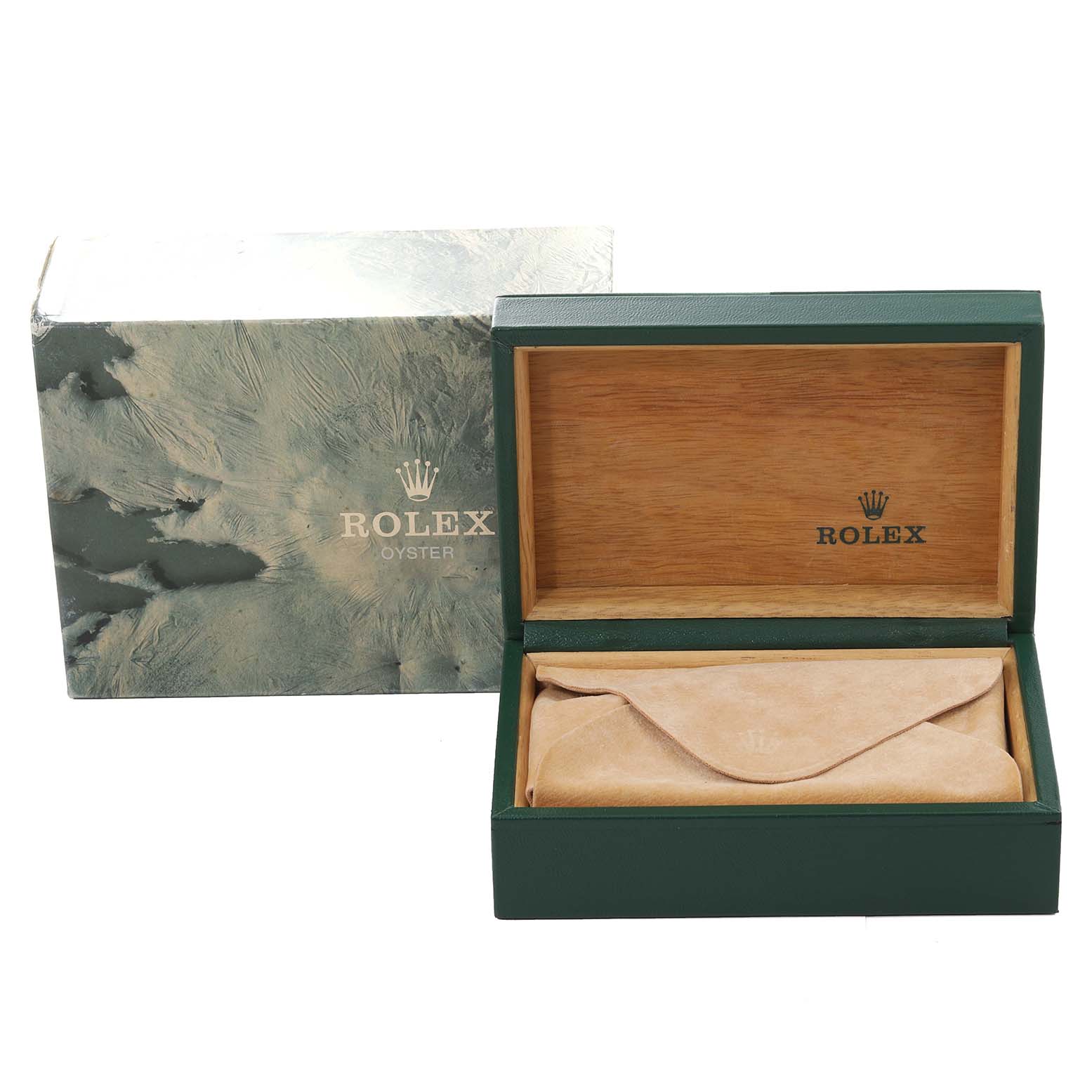 The image shows the packaging for a Rolex Datejust 16233 Men's Steel and Gold (two tone) Champagne Dial 16233 Men's Steel and Gold (two tone) Champagne Dial watch, including a green box, inner wooden box, and a protective pouch.