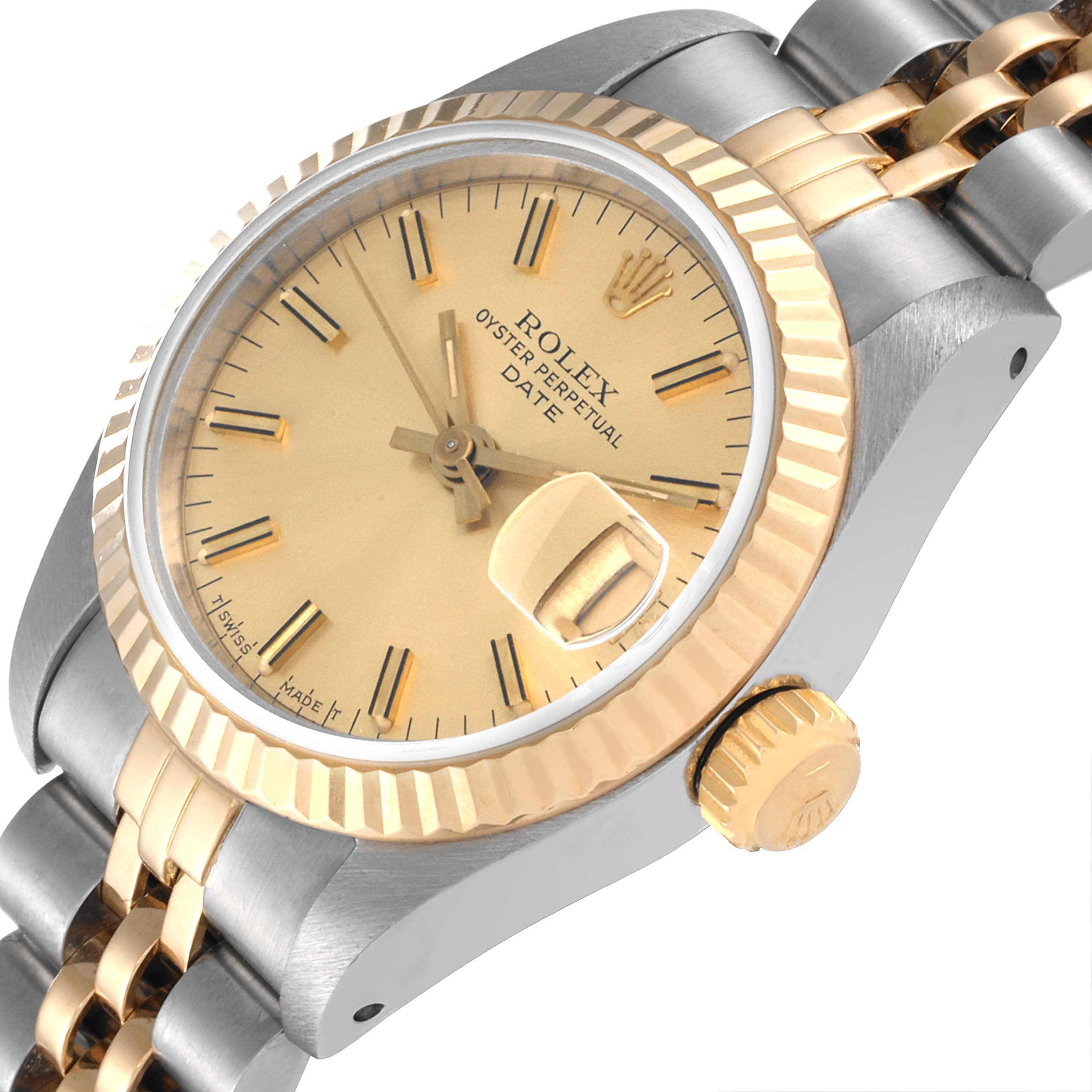 The image shows a Rolex Datejust 69173 Women's Steel and Gold (two tone) Champagne Dial 69173 Women's Steel and Gold (two tone) Champagne Dial watch from an angled view, highlighting the dial, bezel, crown, and part of the bracelet.