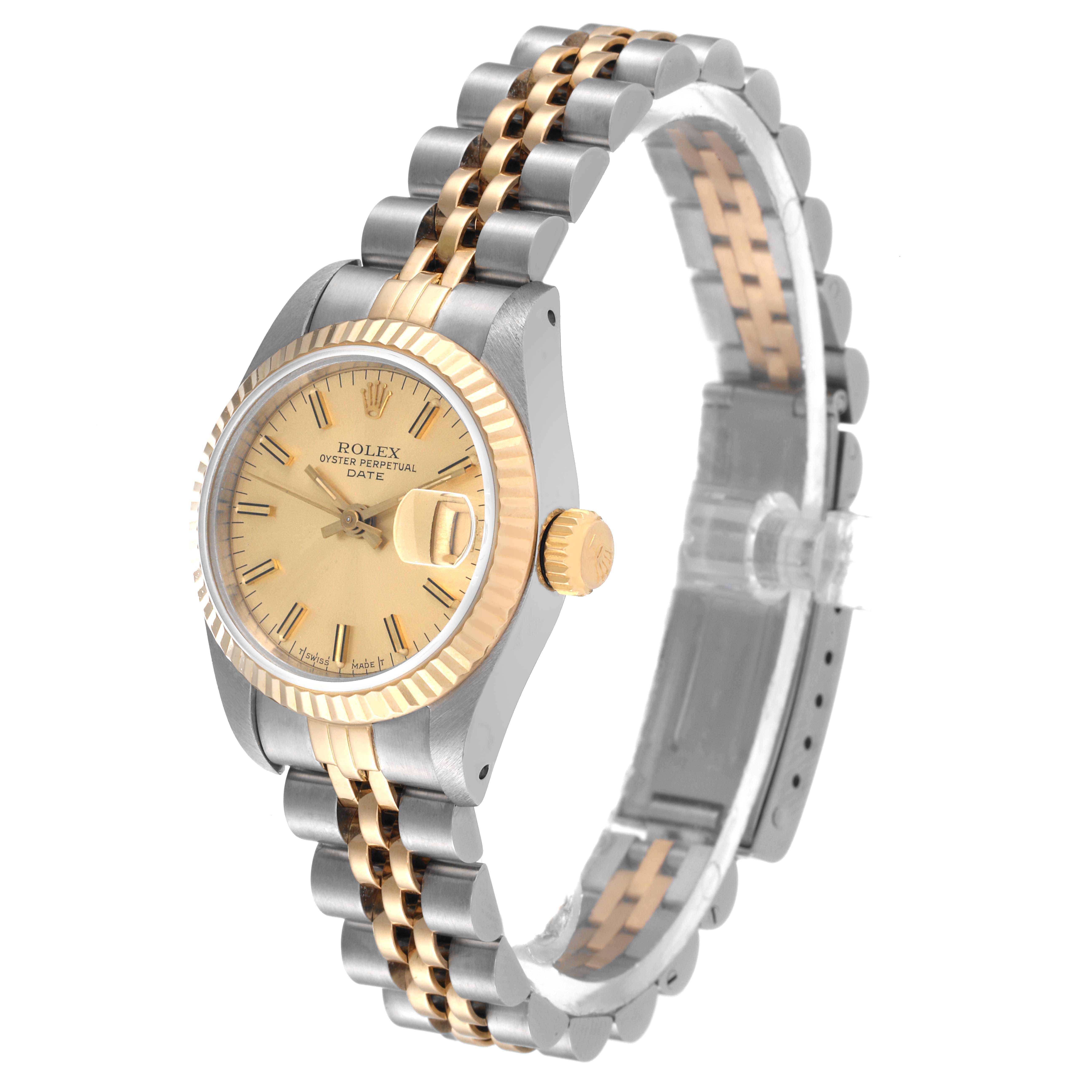 The image shows a Rolex Datejust 69173 Women's Steel and Gold (two tone) Champagne Dial 69173 Women's Steel and Gold (two tone) Champagne Dial watch at an angled side view, highlighting its face, bezel, crown, and two-tone bracelet.