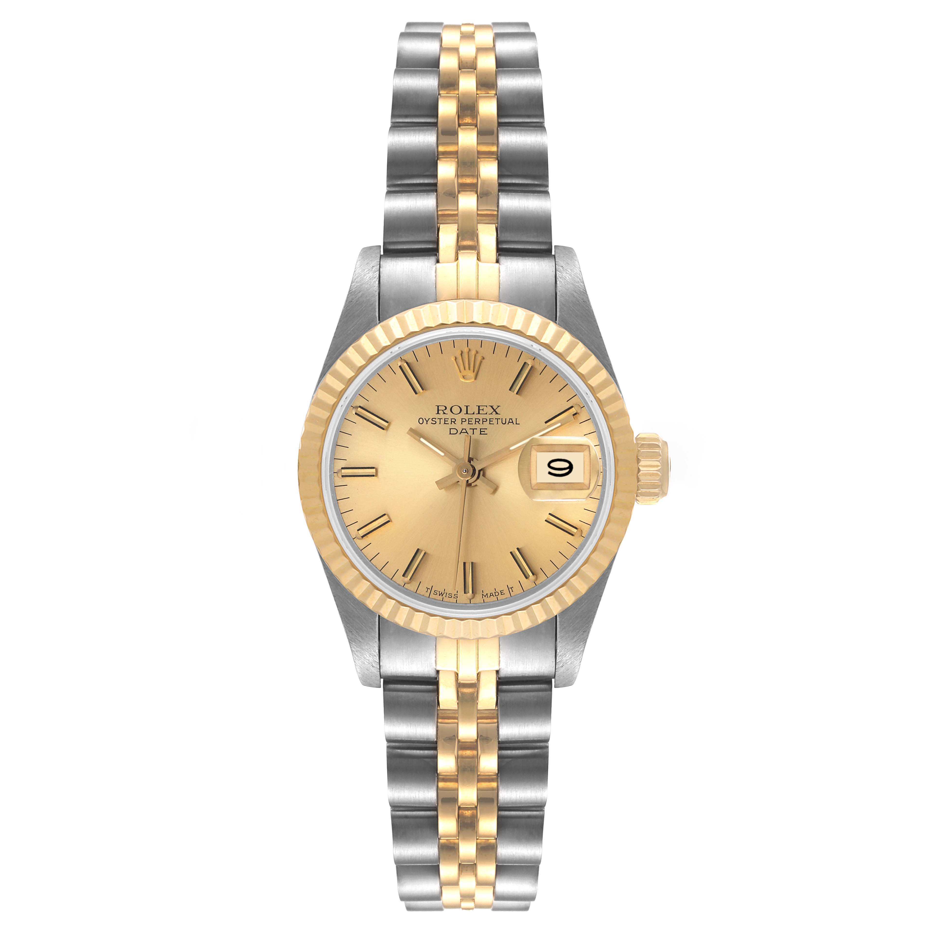 The Rolex Datejust 69173 Women's Steel and Gold (two tone) Champagne Dial 69173 Women's Steel and Gold (two tone) Champagne Dial watch is shown from a front angle, displaying its face, bezel, and two-tone bracelet.