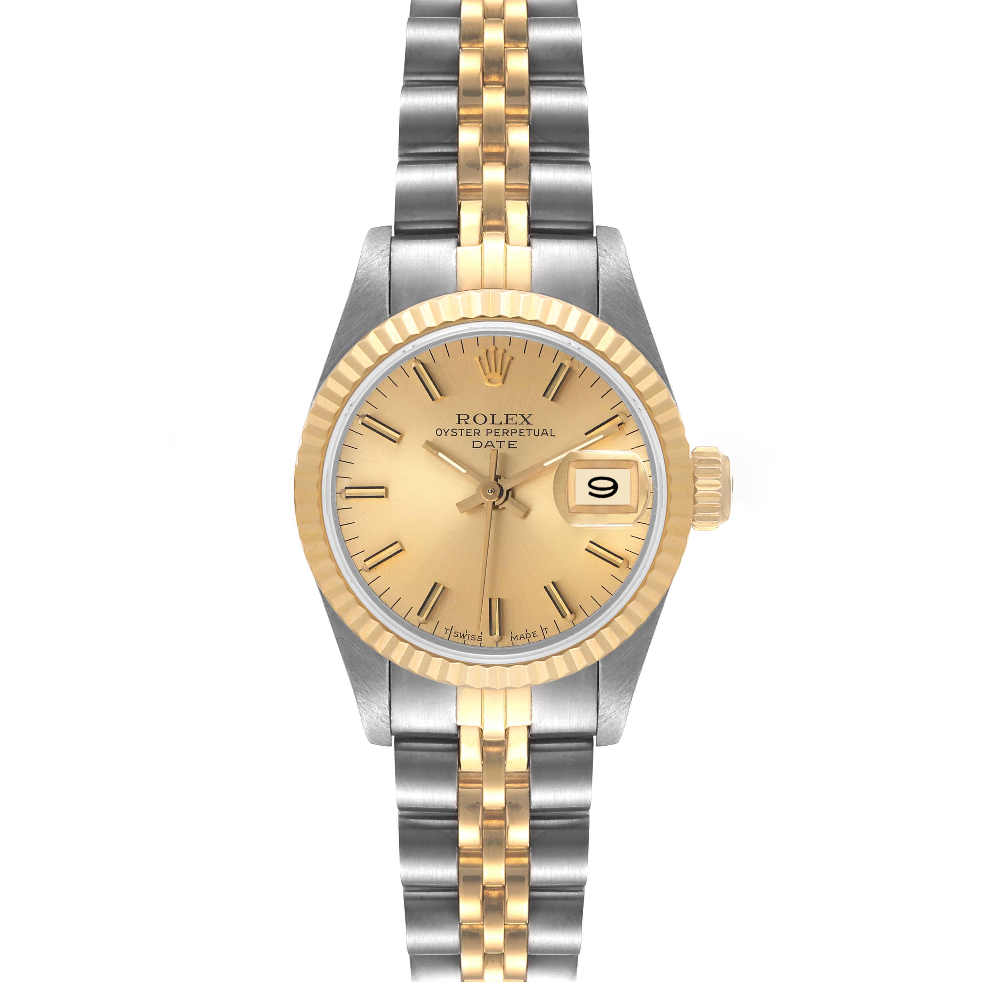The image shows a front view of a Rolex Datejust 69173 Women's Steel and Gold (two tone) Champagne Dial 69173 Women's Steel and Gold (two tone) Champagne Dial watch, highlighting its dial, bezel, bracelet, and crown.