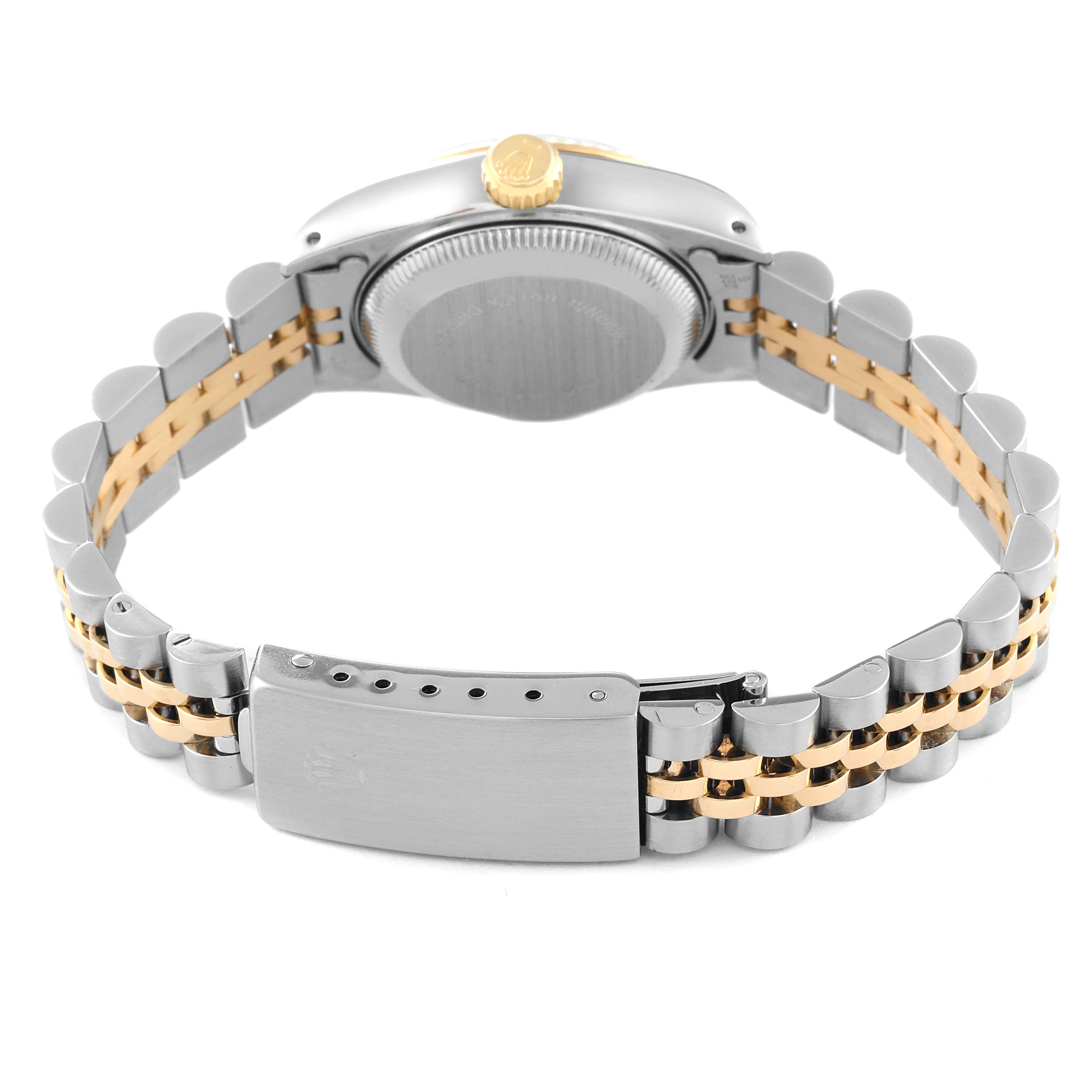 The image shows the back view, clasp, and bracelet of a Rolex Datejust 69173 Women's Steel and Gold (two tone) Champagne Dial 69173 Women's Steel and Gold (two tone) Champagne Dial watch.