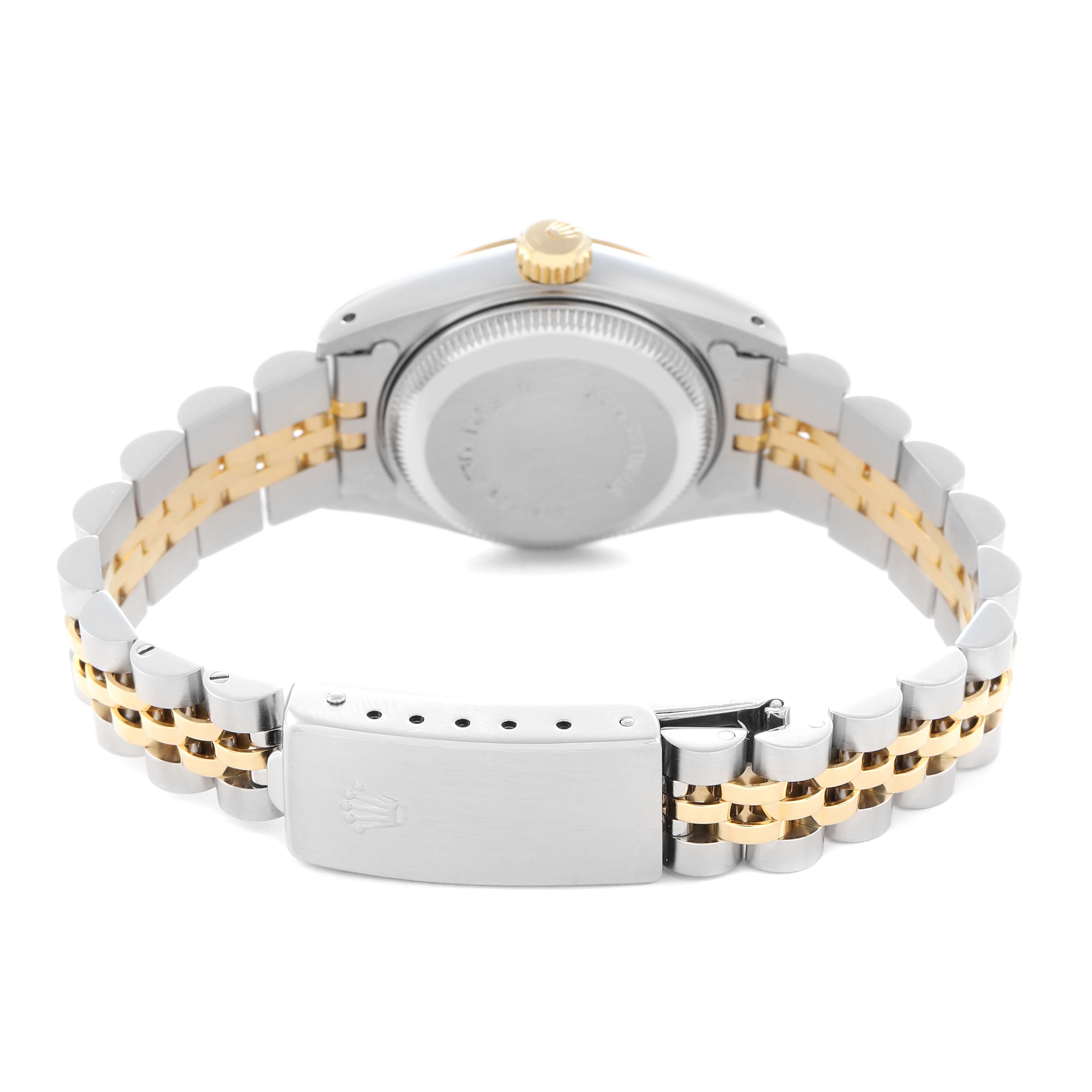 The image shows the back view of a Rolex Datejust model 69173 men's watch, highlighting the case back, crown, and Jubilee bracelet with a clasp.