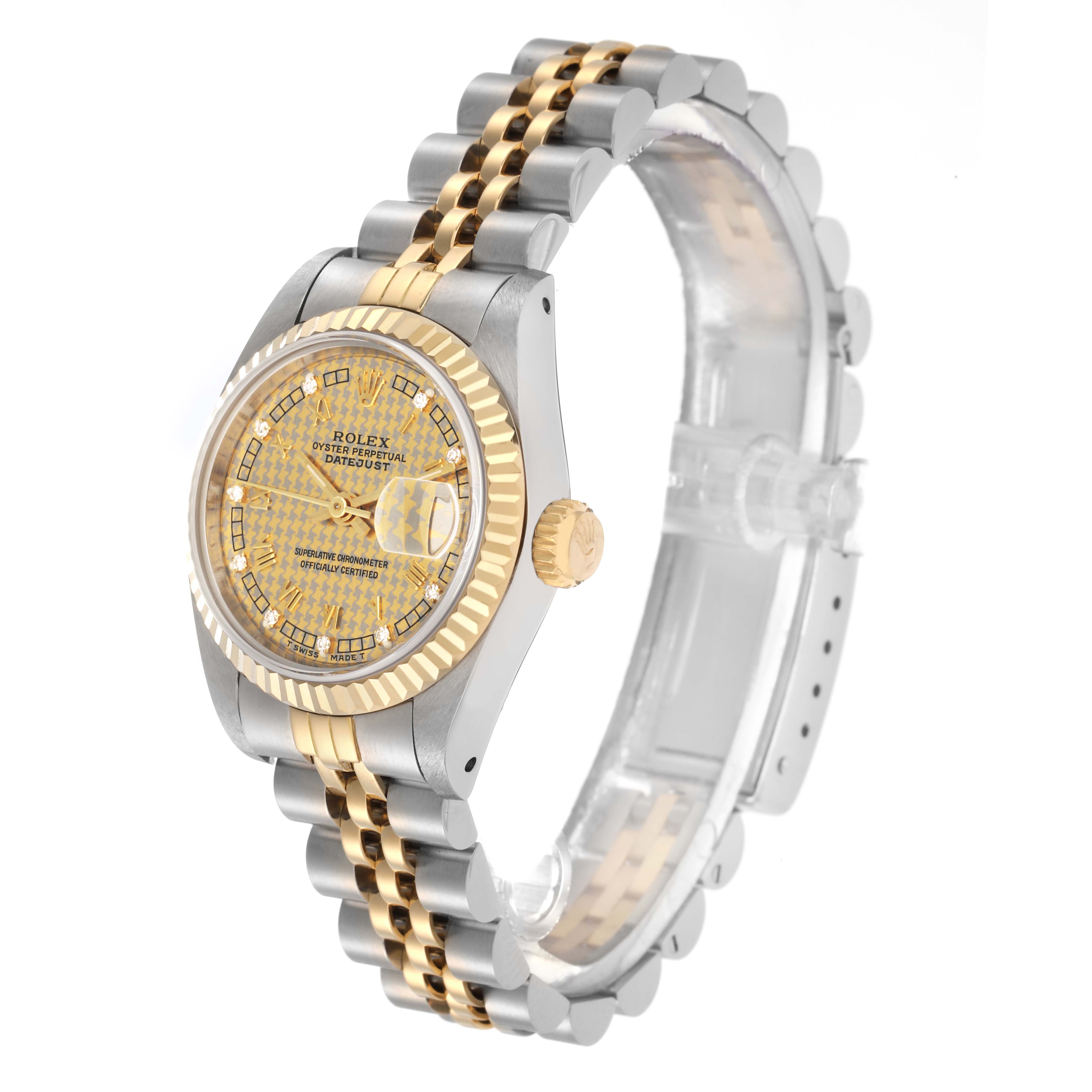 This image shows a Rolex Datejust model 69173 men's watch at a side angle, displaying the face, bezel, crown, and part of the bracelet.