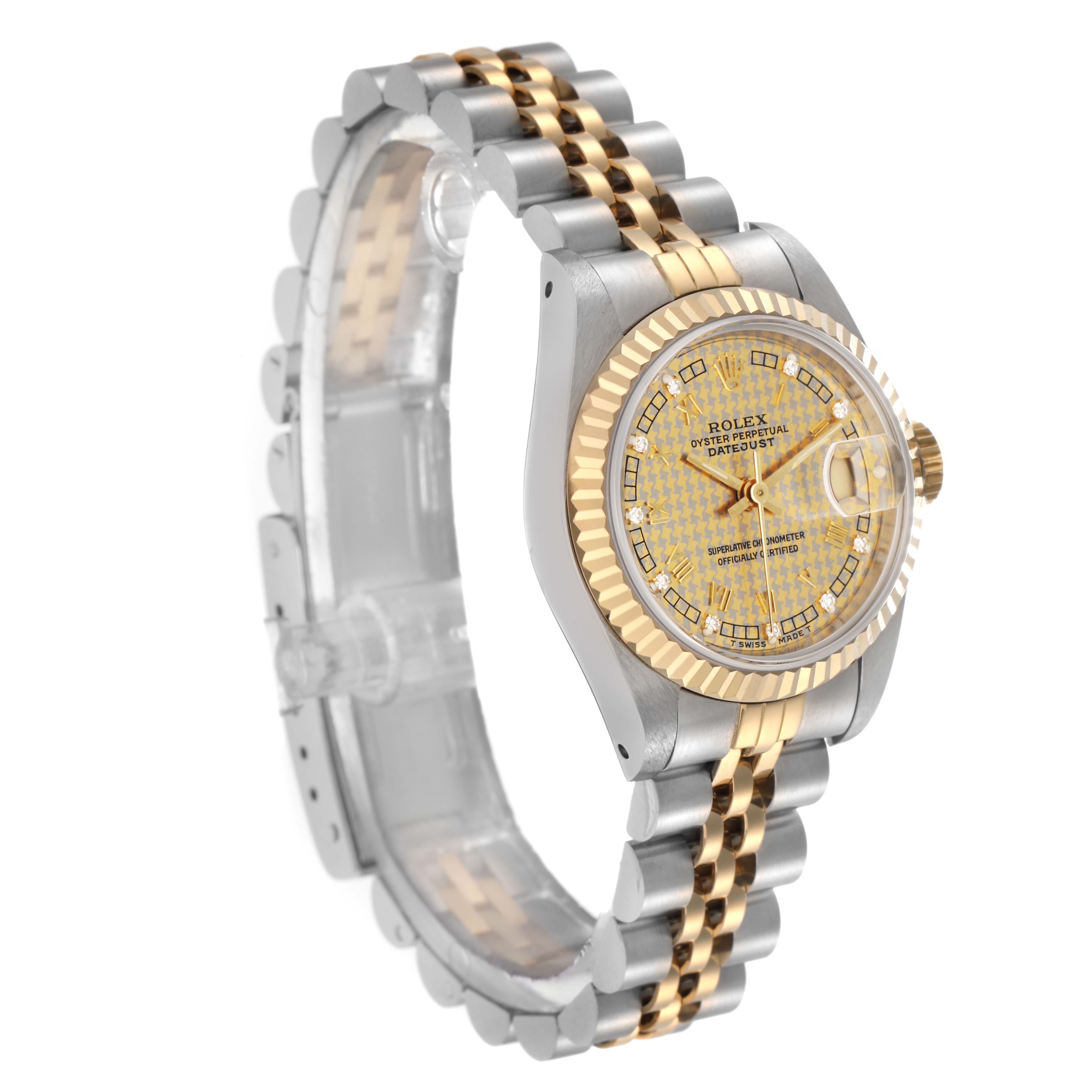 The image shows the Rolex Datejust model 69173 from a three-quarter angle, highlighting the two-tone bracelet, bezel, and dial.