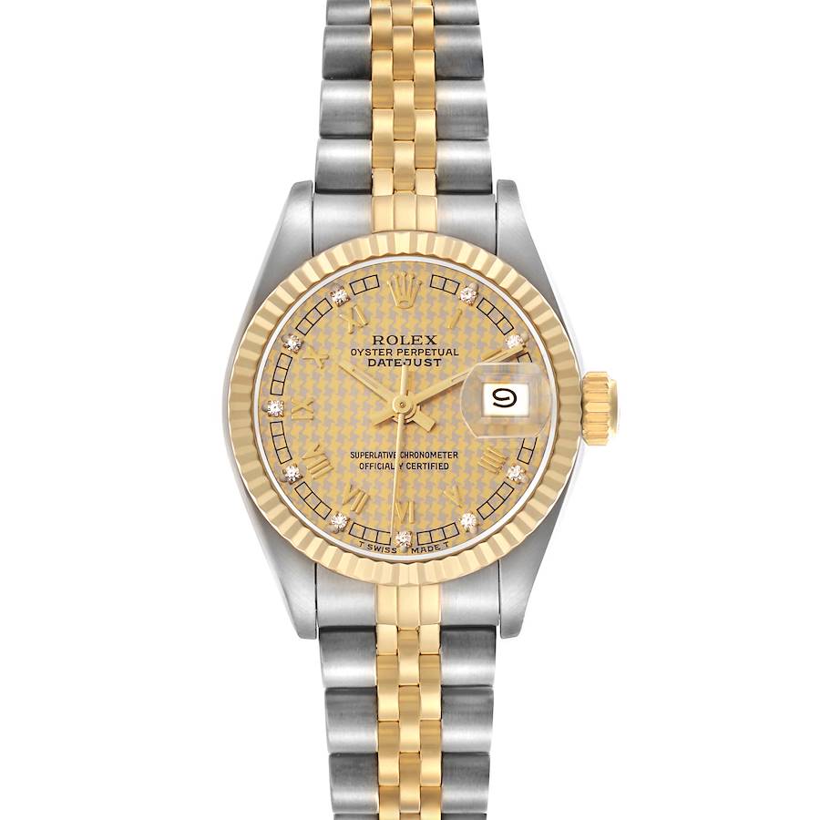 The image shows a Rolex Datejust 69173 men's watch from a top-down angle, highlighting the dial, bezel, crown, and Jubilee bracelet.