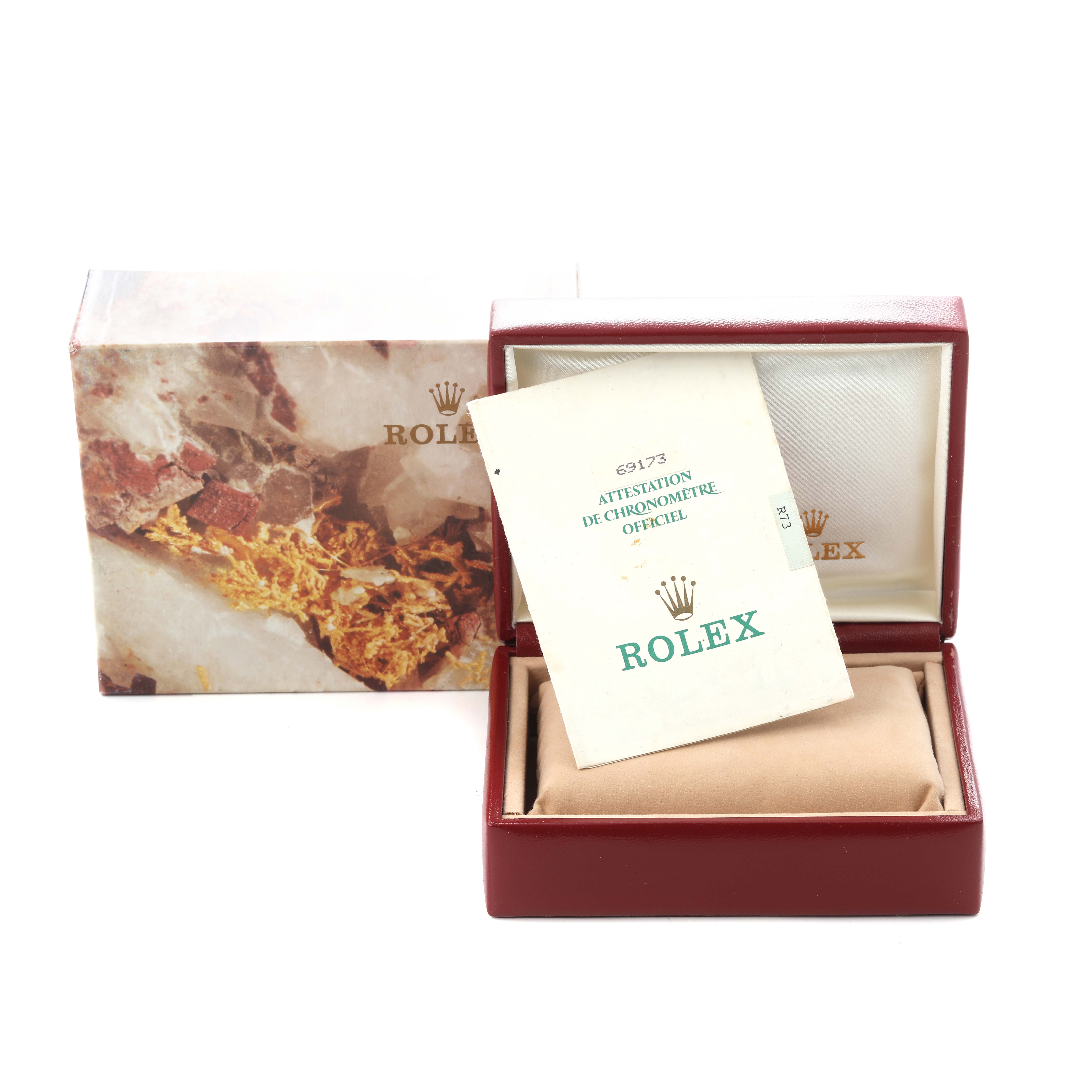 The image shows the Rolex Datejust model number 69173 box, with papers and cushion for a men's watch.