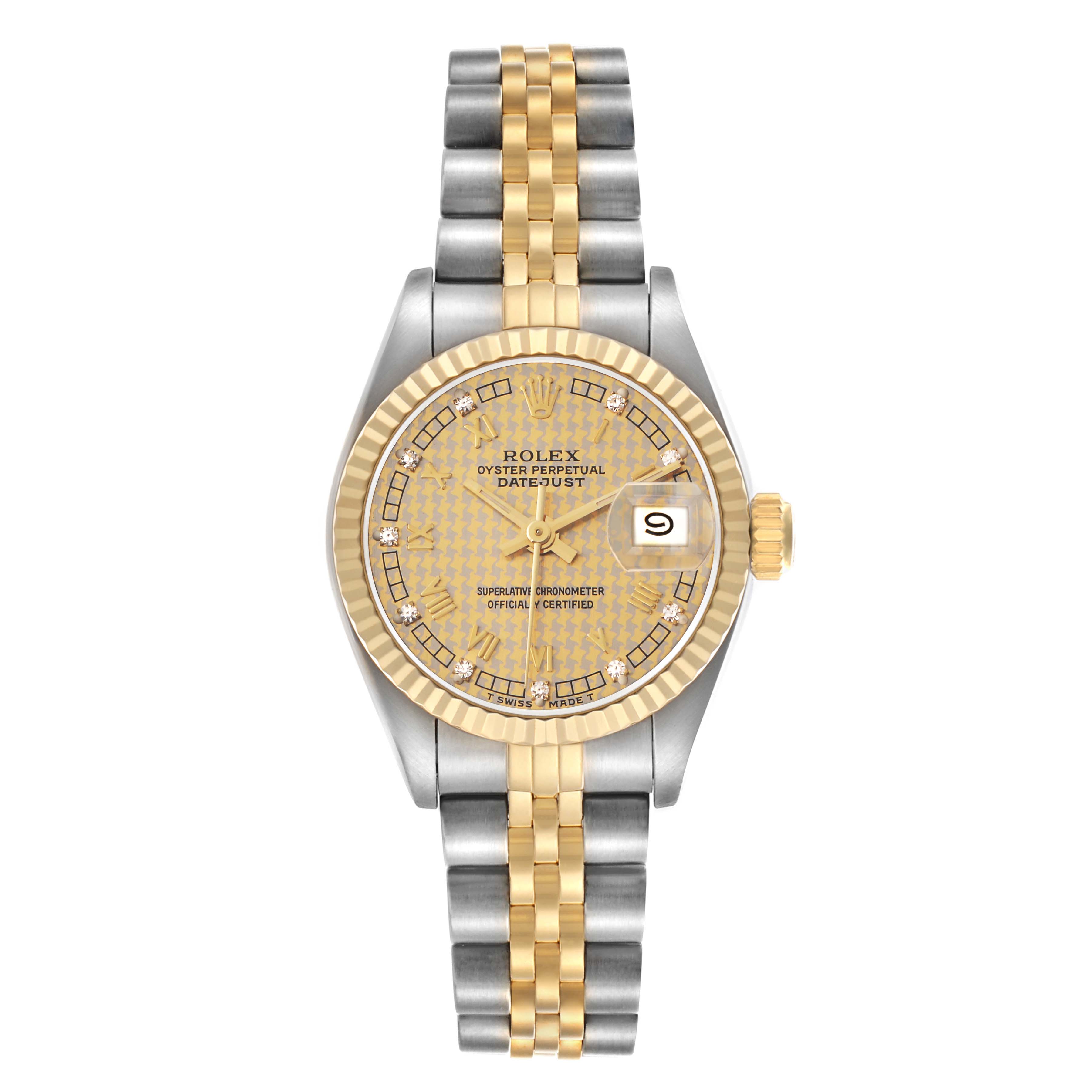 The Rolex Datejust model 69173 is shown from the front, featuring a gold and silver bracelet, fluted bezel, and a dial with diamond hour markers.
