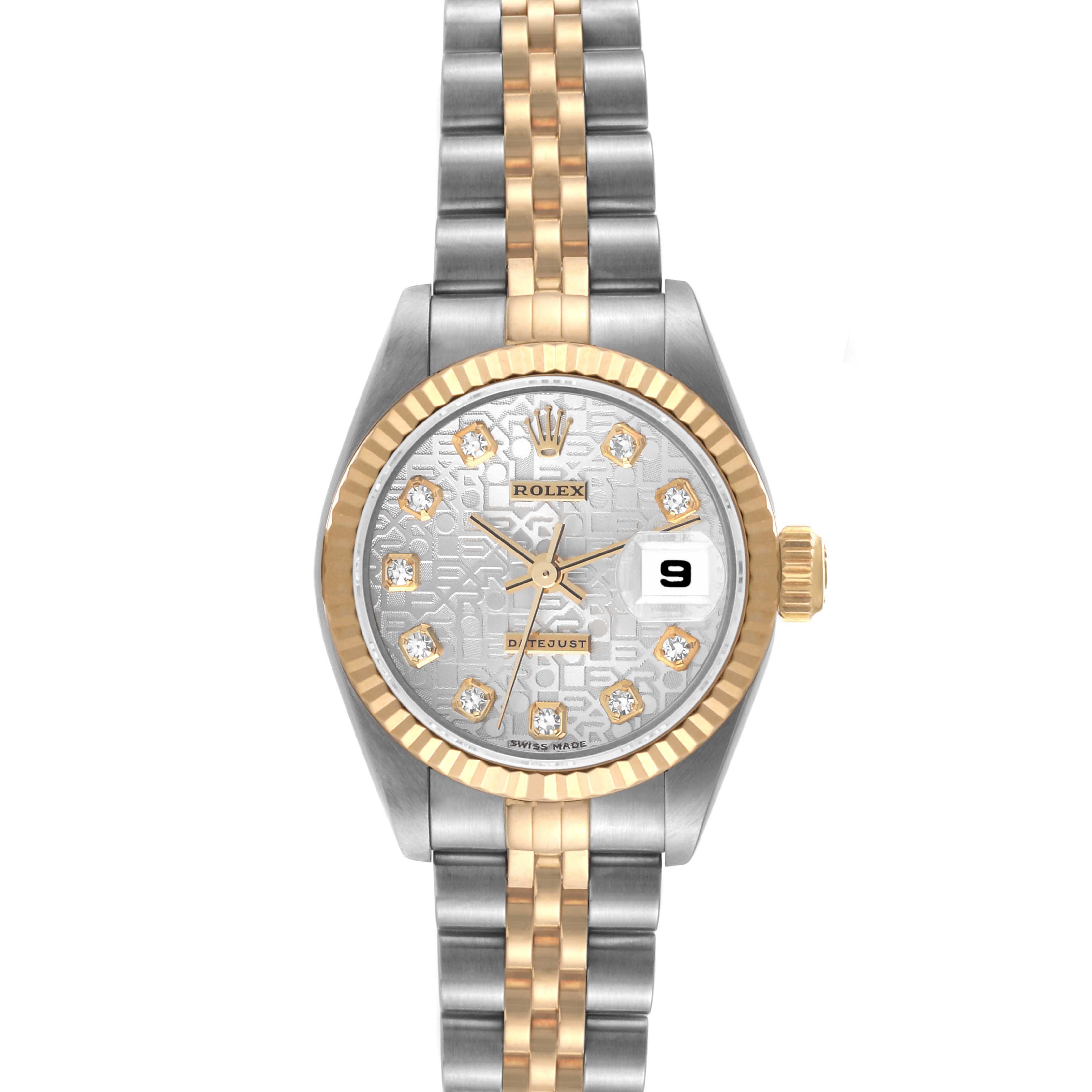 The image shows a front view of a Rolex Datejust 79173 Women's Steel and Gold (two tone) Silver Dial 79173 Women's Steel and Gold (two tone) Silver Dial watch, highlighting the dial, bezel, and bracelet.
