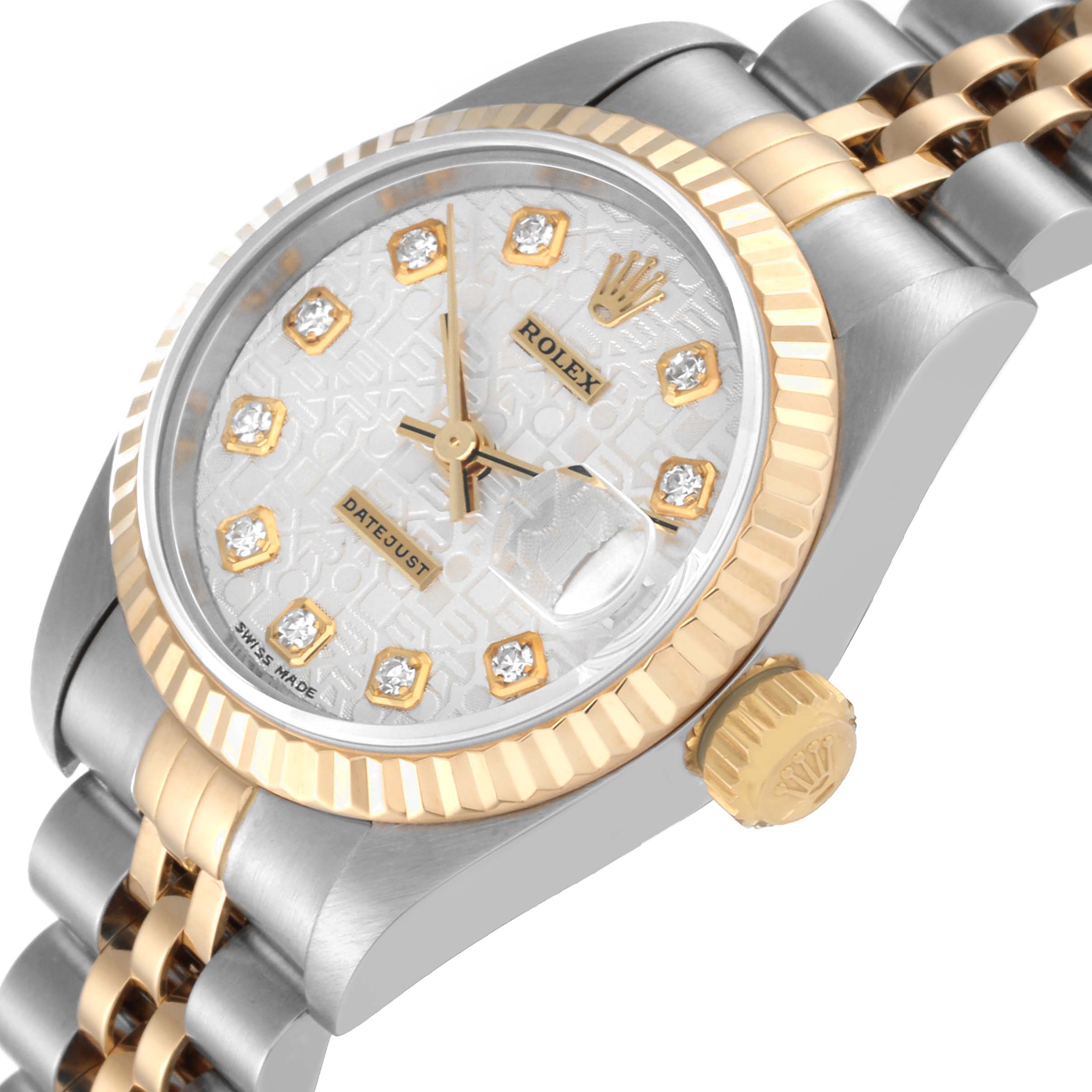 This image shows a close-up angle of the Rolex Datejust 79173 Women's Steel and Gold (two tone) Silver Dial 79173 Women's Steel and Gold (two tone) Silver Dial watch, highlighting the dial face, crown, fluted bezel, and part of the bracelet.