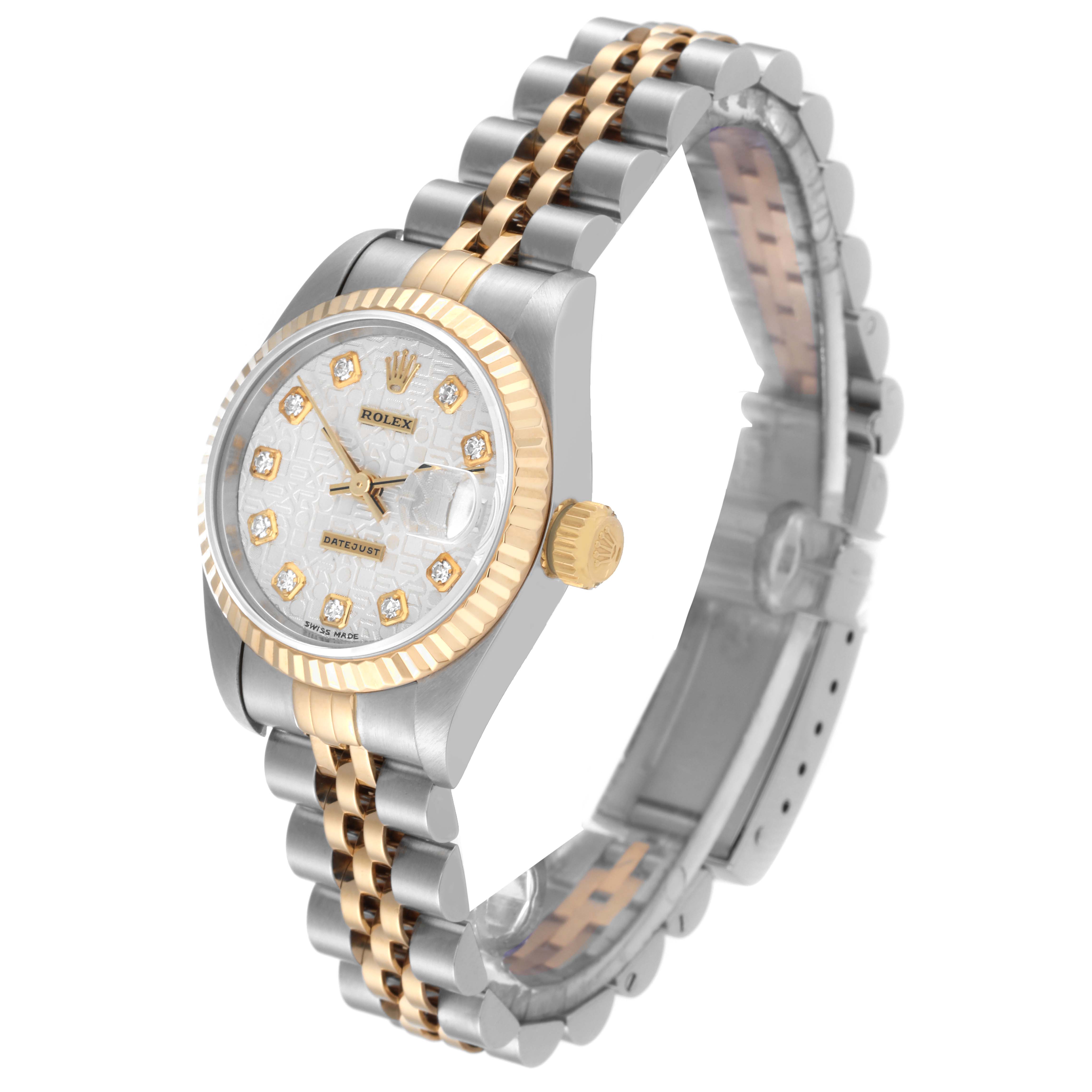 The image shows a Rolex Datejust 79173 Women's Steel and Gold (two tone) Silver Dial 79173 Women's Steel and Gold (two tone) Silver Dial model watch at an angled side view, displaying the face, bracelet, crown, and fluted bezel.