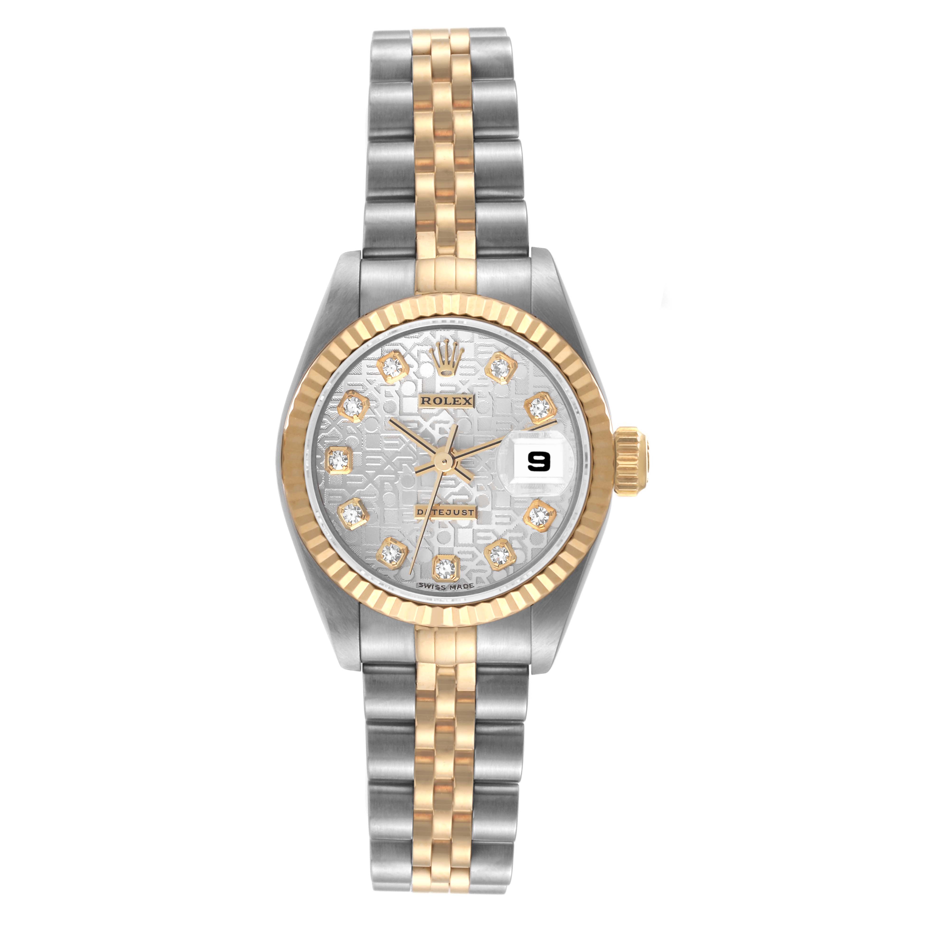 The Rolex Datejust 79173 Women's Steel and Gold (two tone) Silver Dial 79173 Women's Steel and Gold (two tone) Silver Dial watch is shown from a top-down angle, displaying the face, bezel, and bracelet.