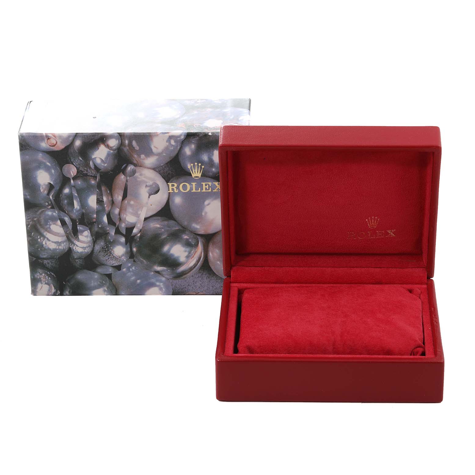 The image shows a Rolex Datejust 79173 Women's Steel and Gold (two tone) Silver Dial 79173 Women's Steel and Gold (two tone) Silver Dial model's red velvet-lined watch box and an outer decorative packaging with the Rolex logo.