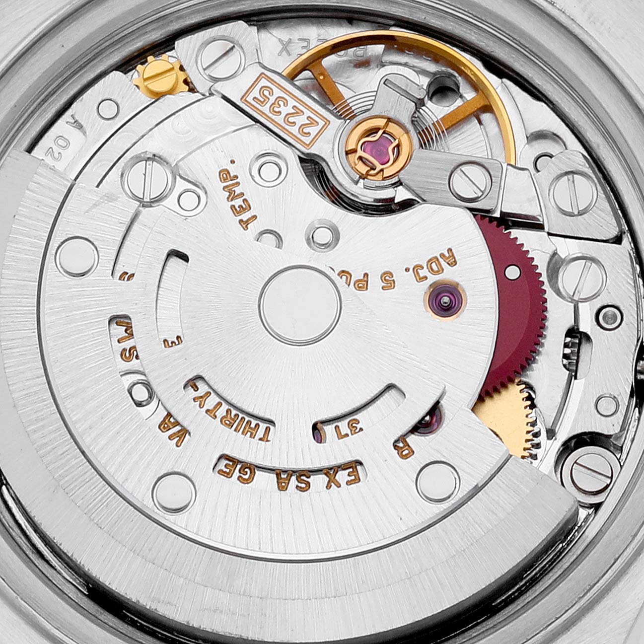 The image shows a detailed close-up of the Rolex Datejust 79173 Women's Steel and Gold (two tone) Silver Dial 79173 Women's Steel and Gold (two tone) Silver Dial watch movement, highlighting the intricate gears and mechanical components.
