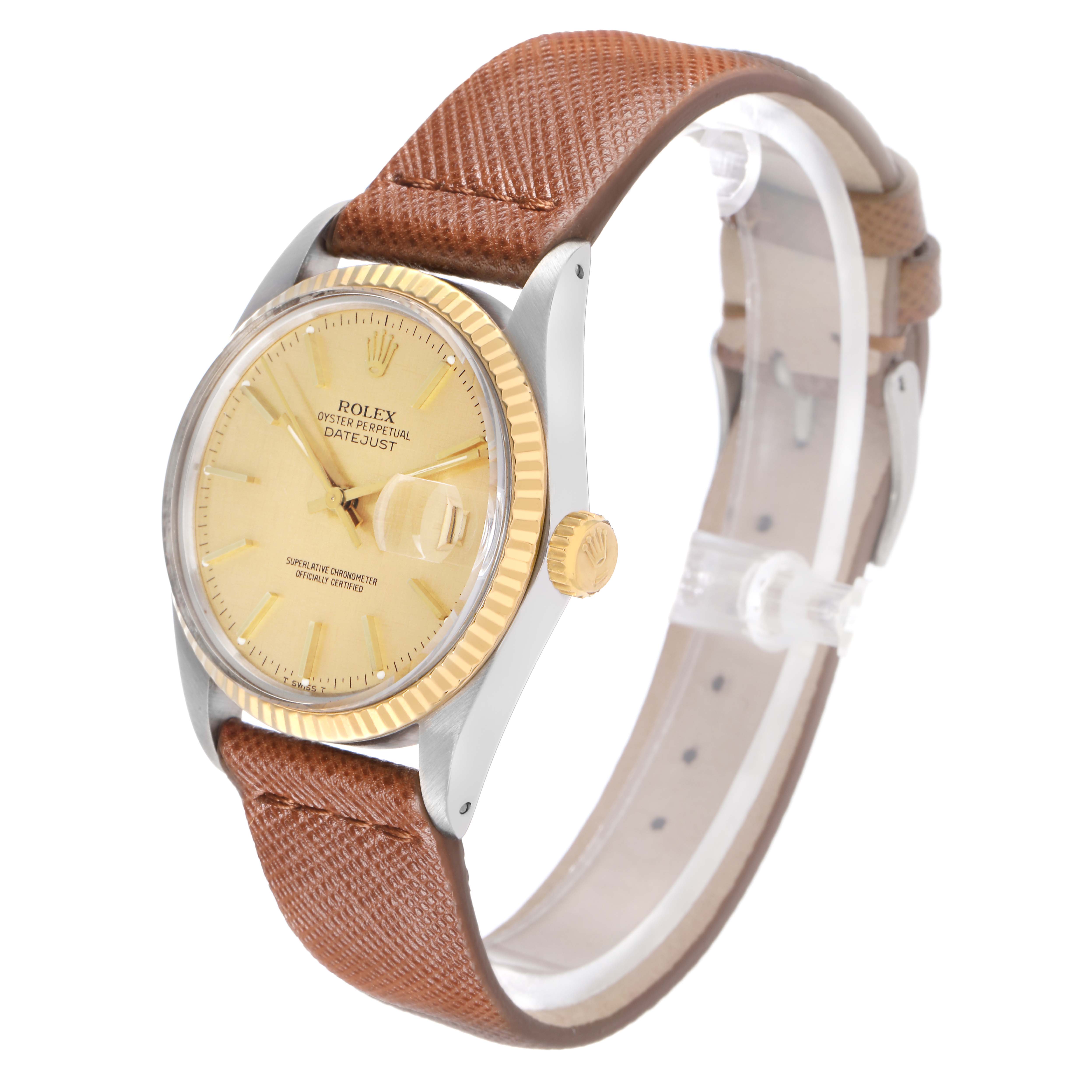 The image shows a Rolex Datejust model 16013 men's watch at a three-quarter angle, highlighting its yellow dial, fluted bezel, and brown leather strap.