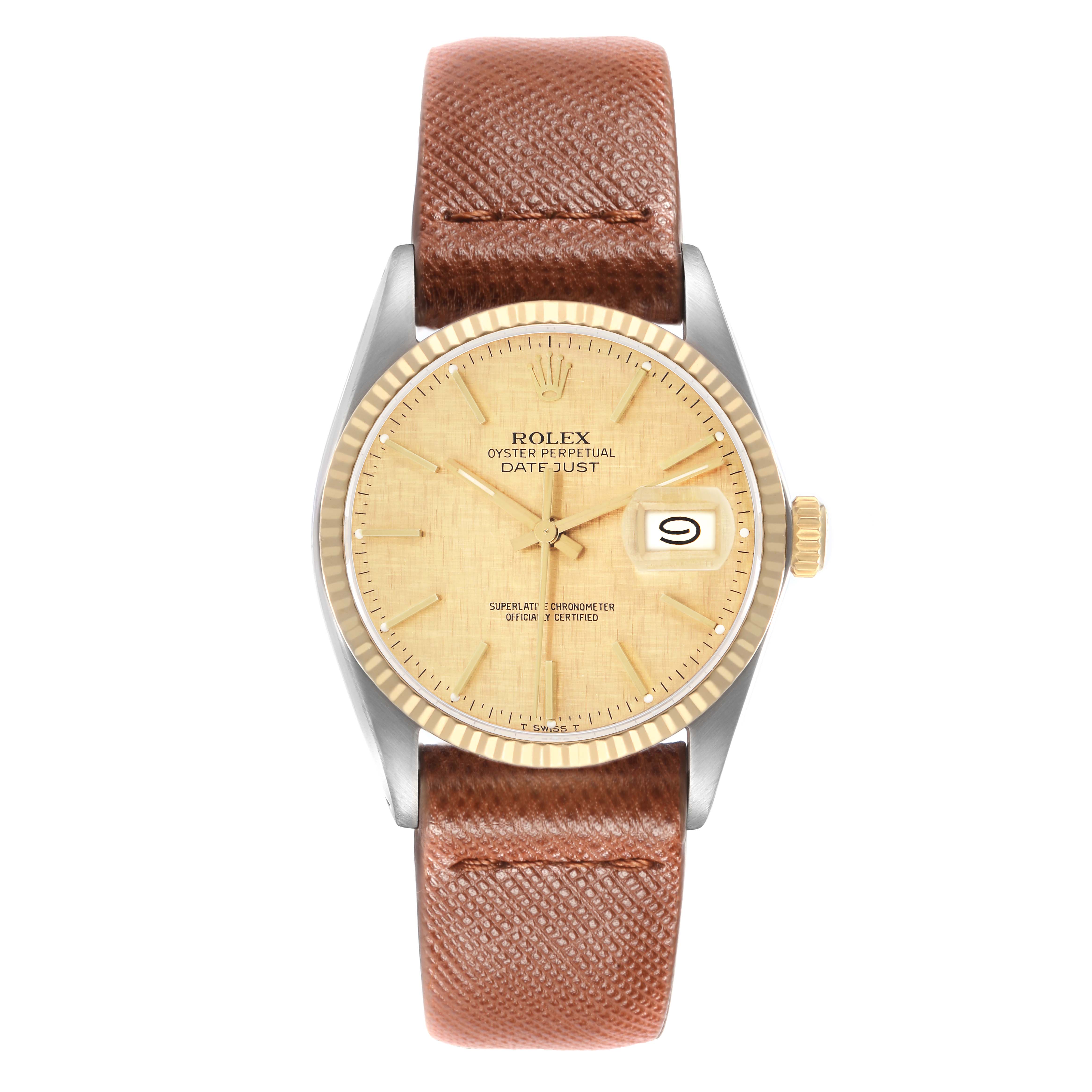 This image shows a front view of the Rolex Datejust model 16013, highlighting the dial, bezel, crown, and leather strap.