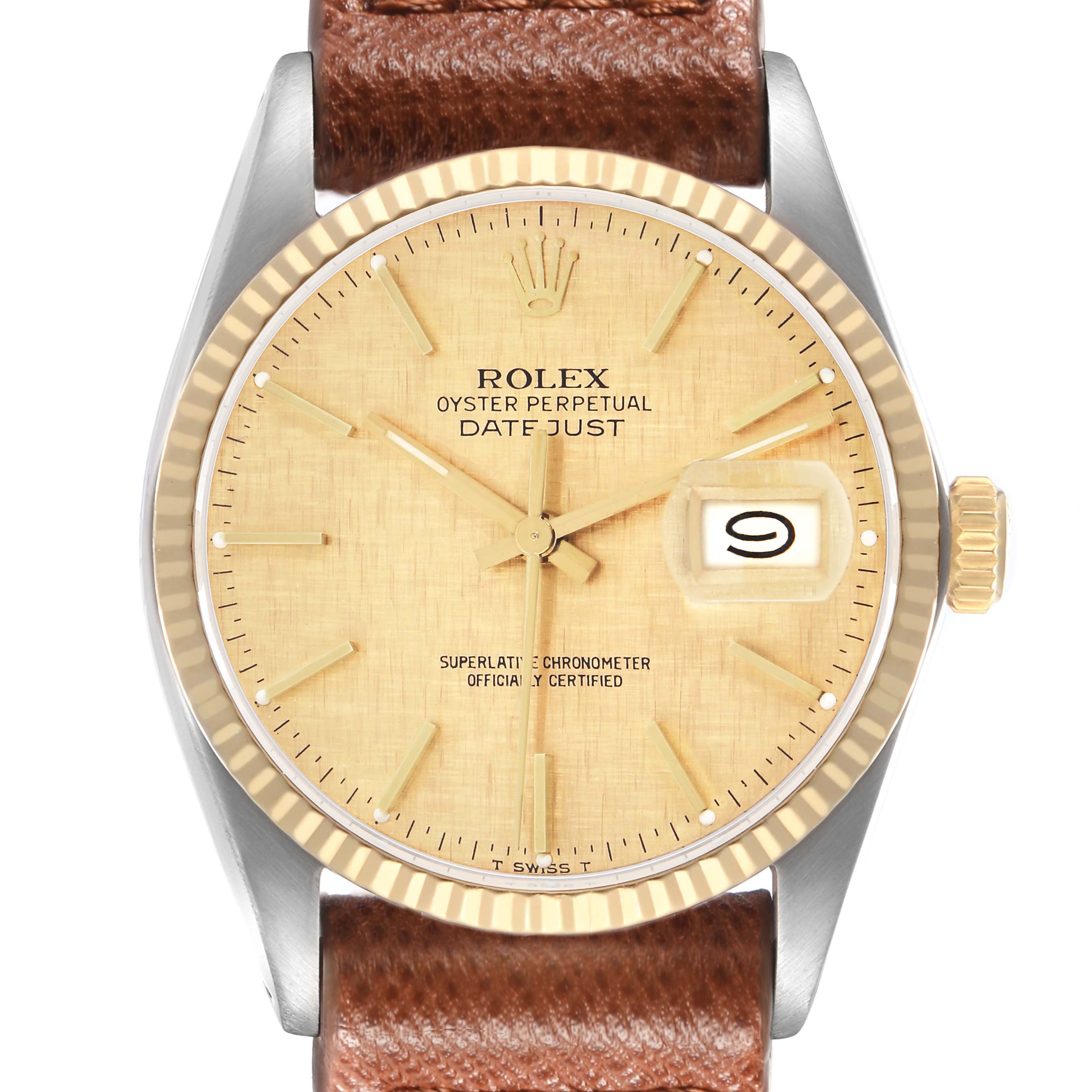 The image shows a Rolex Datejust model 16013, featuring the watch face, fluted bezel, crown, and leather strap, viewed from the front.