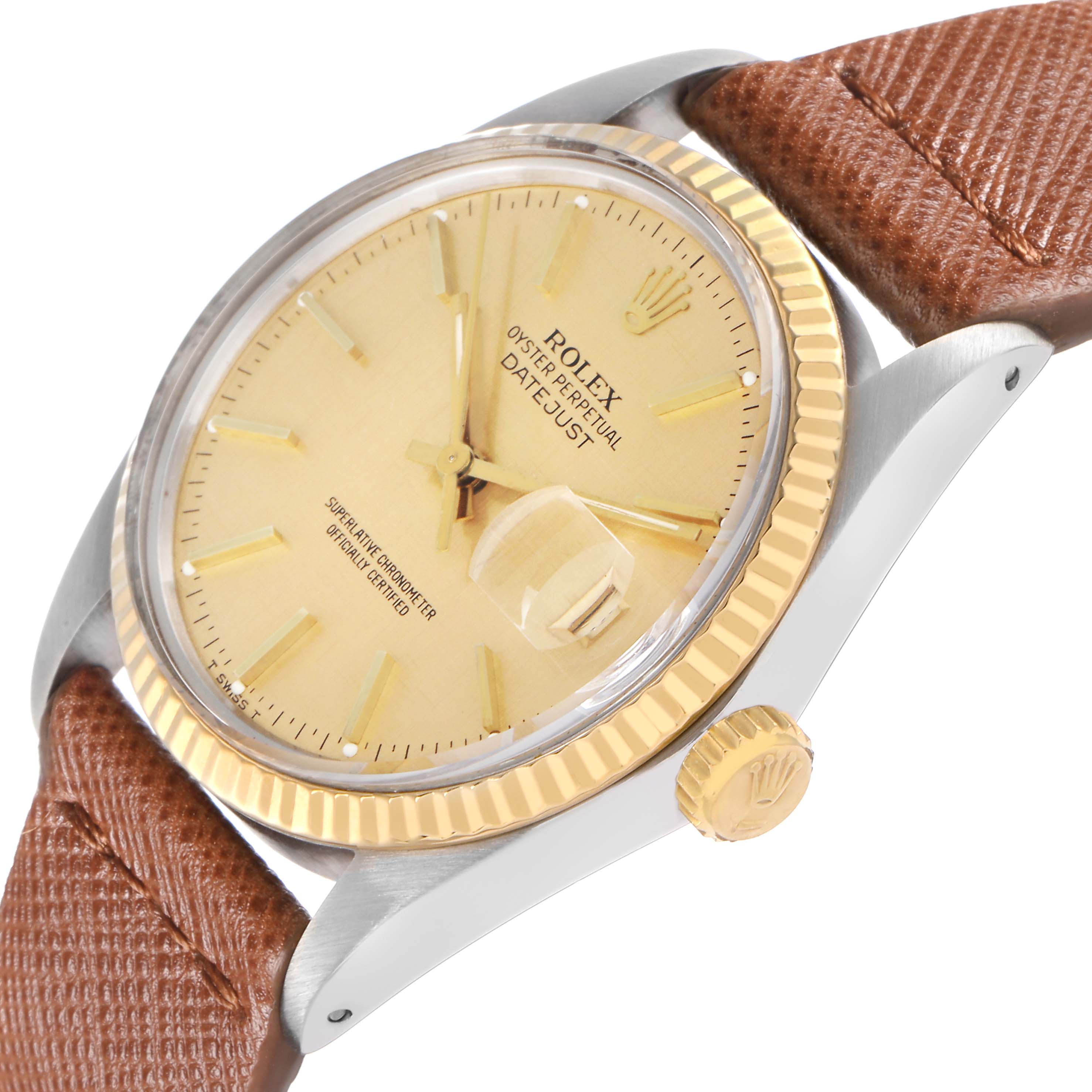 The Rolex Datejust model 16013 is shown from a side angle, displaying its gold fluted bezel, crown, and tan dial with stick markers, along with a brown leather strap.