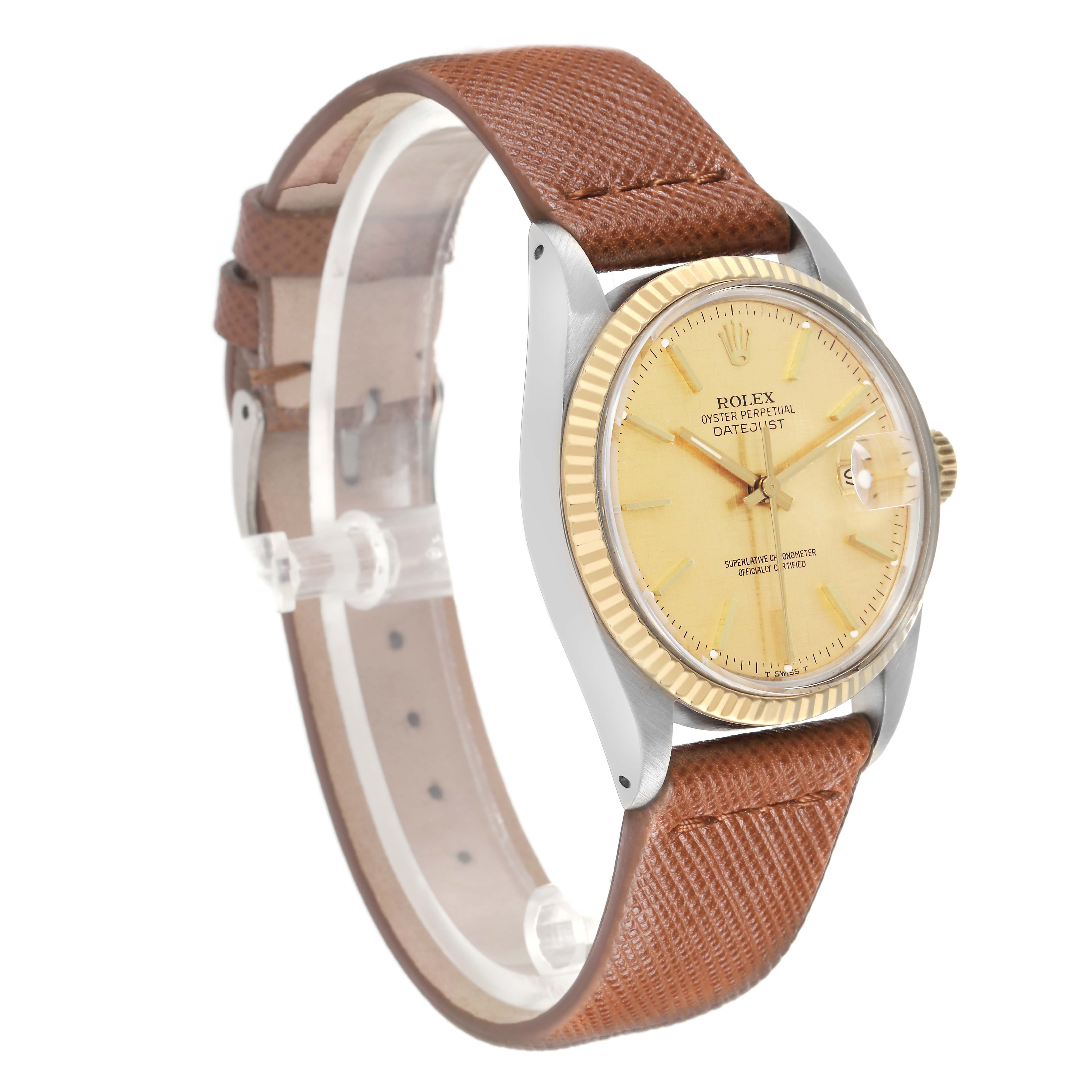 The Rolex Datejust model 16013 men's watch is shown from a three-quarter angle, highlighting the face, bezel, crown, and leather strap.