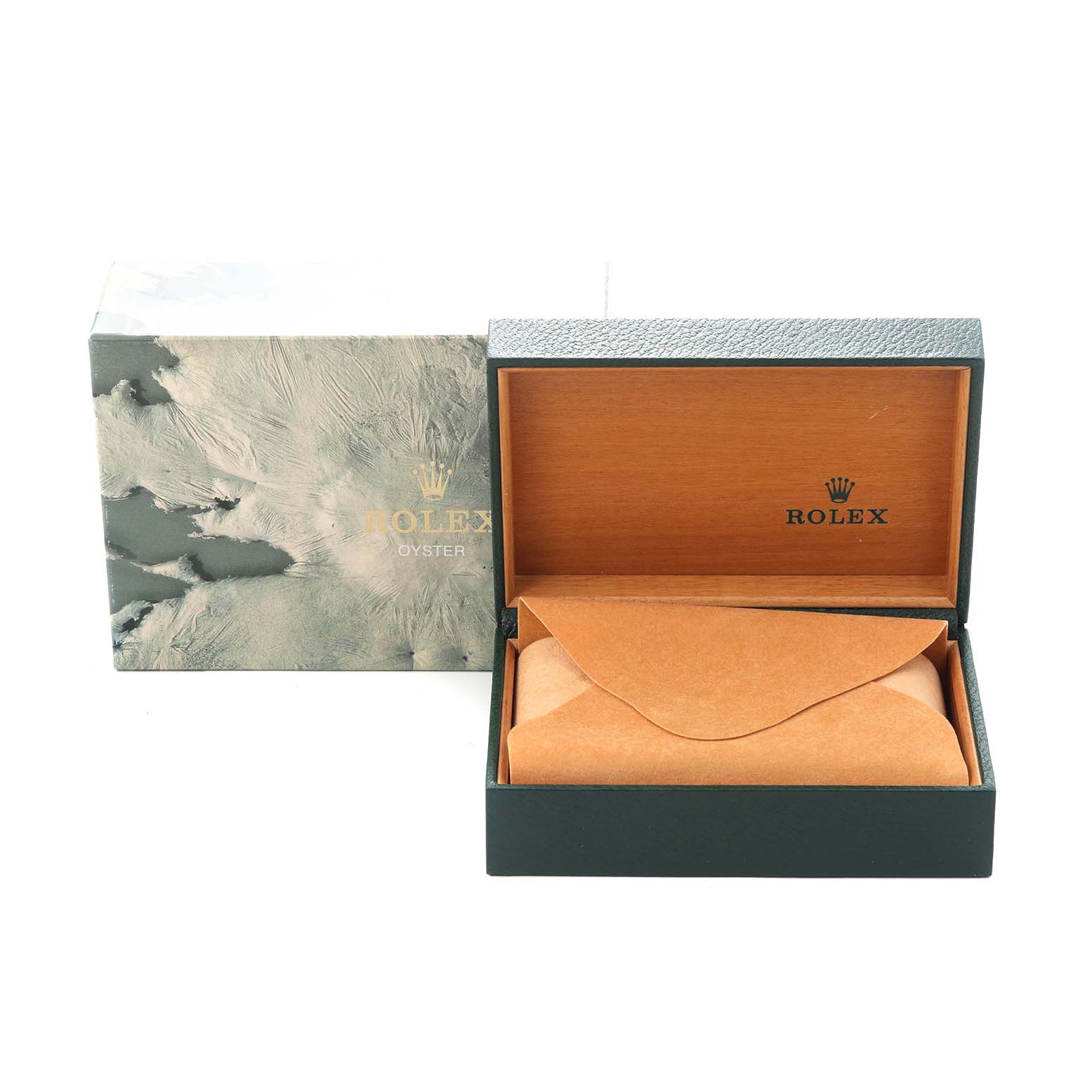 The image shows the Rolex Datejust model 16013's packaging, including an outer box and an open inner box with a leather pouch inside, positioned at a front angle.