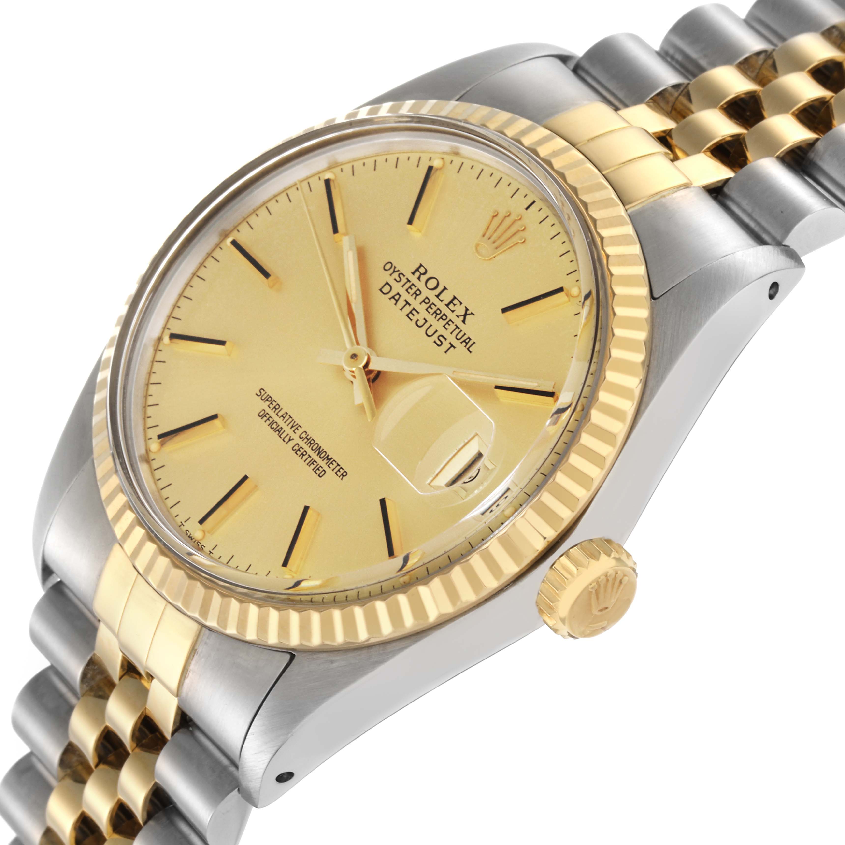 The image shows a Rolex Datejust model 16013 men's watch at an angled side view, highlighting the dial, bezel, crown, and Jubilee bracelet.