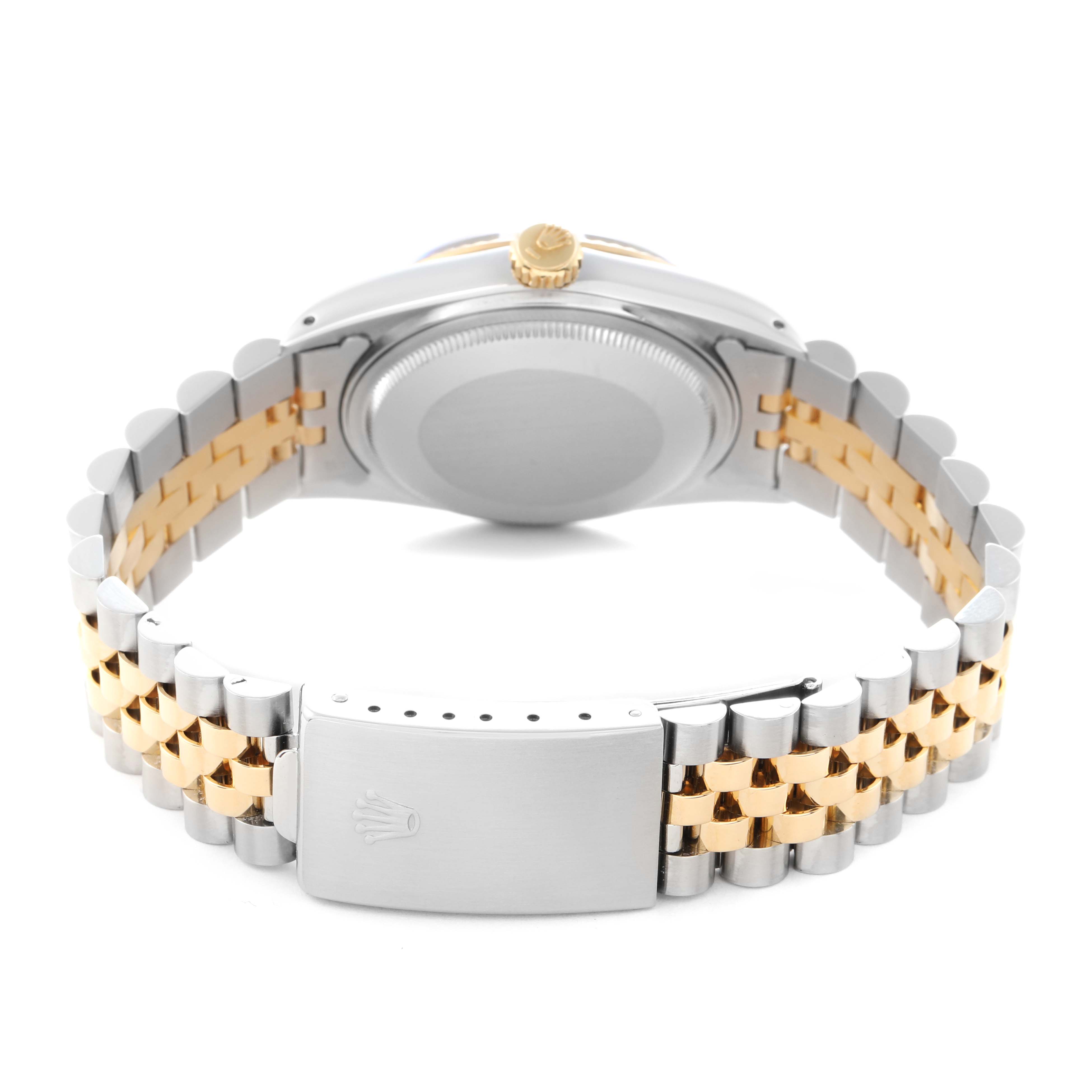 The image shows the back view of a Rolex Datejust model 16013 men's watch, highlighting the case back and two-tone jubilee bracelet with clasp.