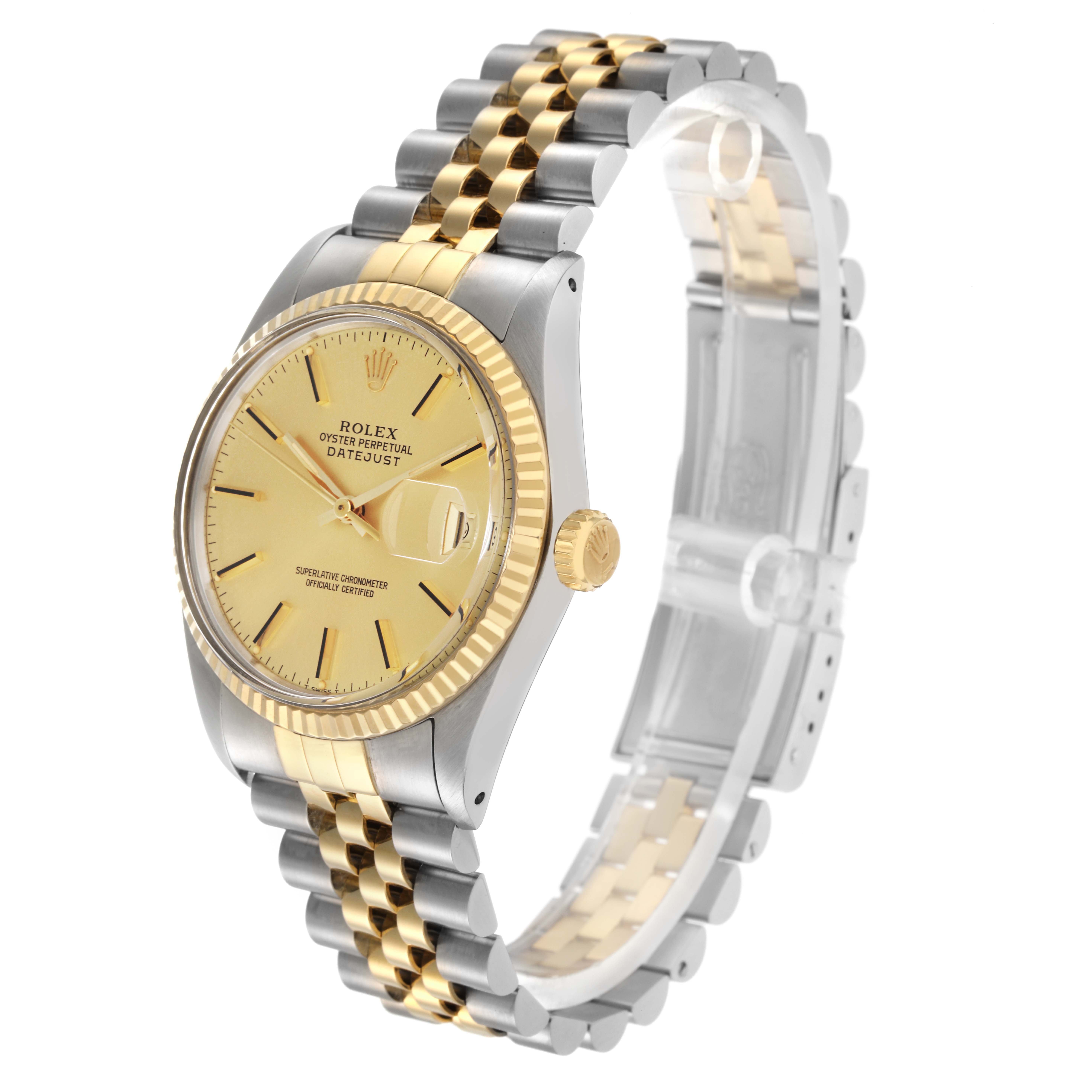 The Rolex Datejust model 16013 is shown at a slight angle, highlighting the dial, fluted bezel, and two-tone Jubilee bracelet.