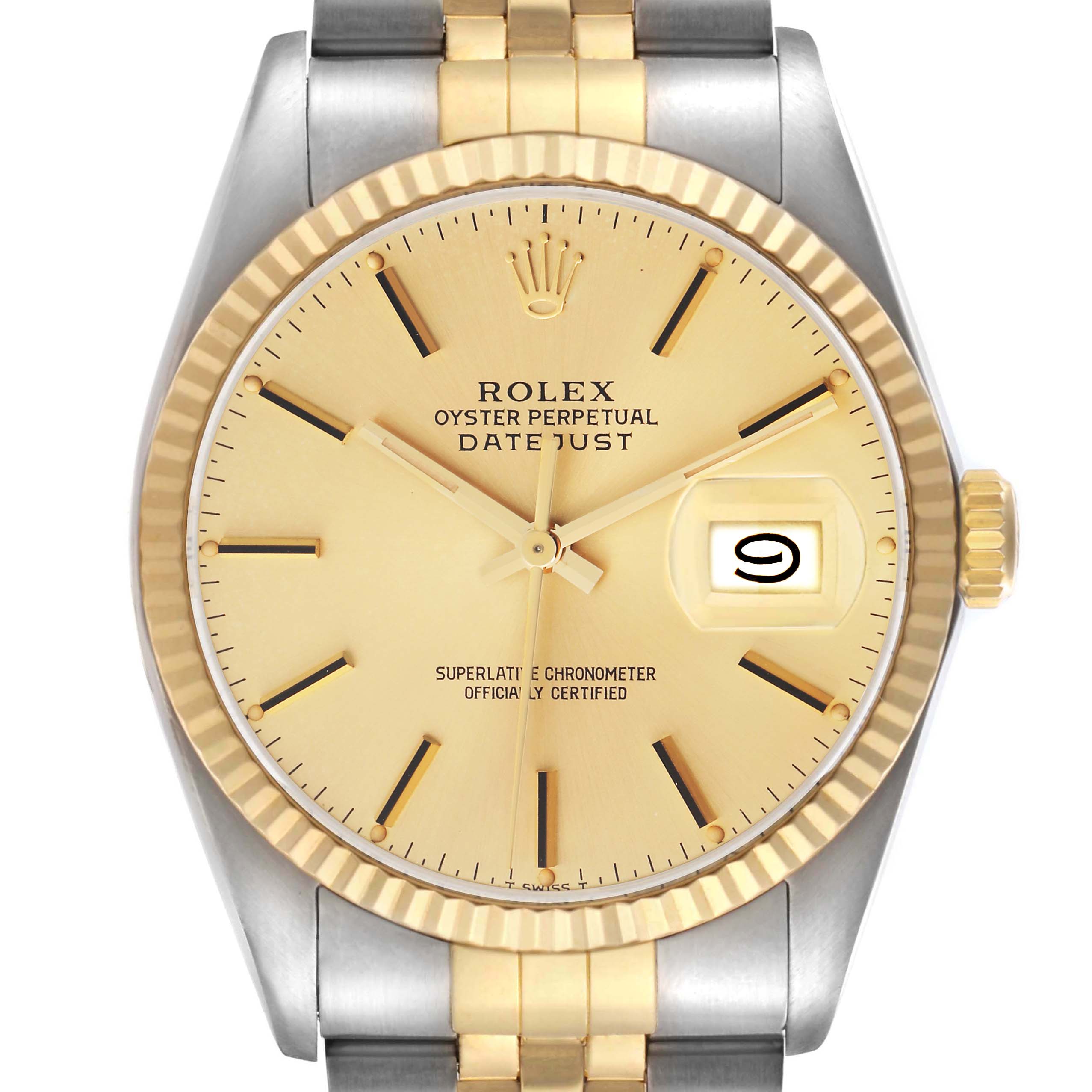 The image shows a front view of the Rolex Datejust men's watch, model number 16013, displaying the dial, bezel, and part of the bracelet.