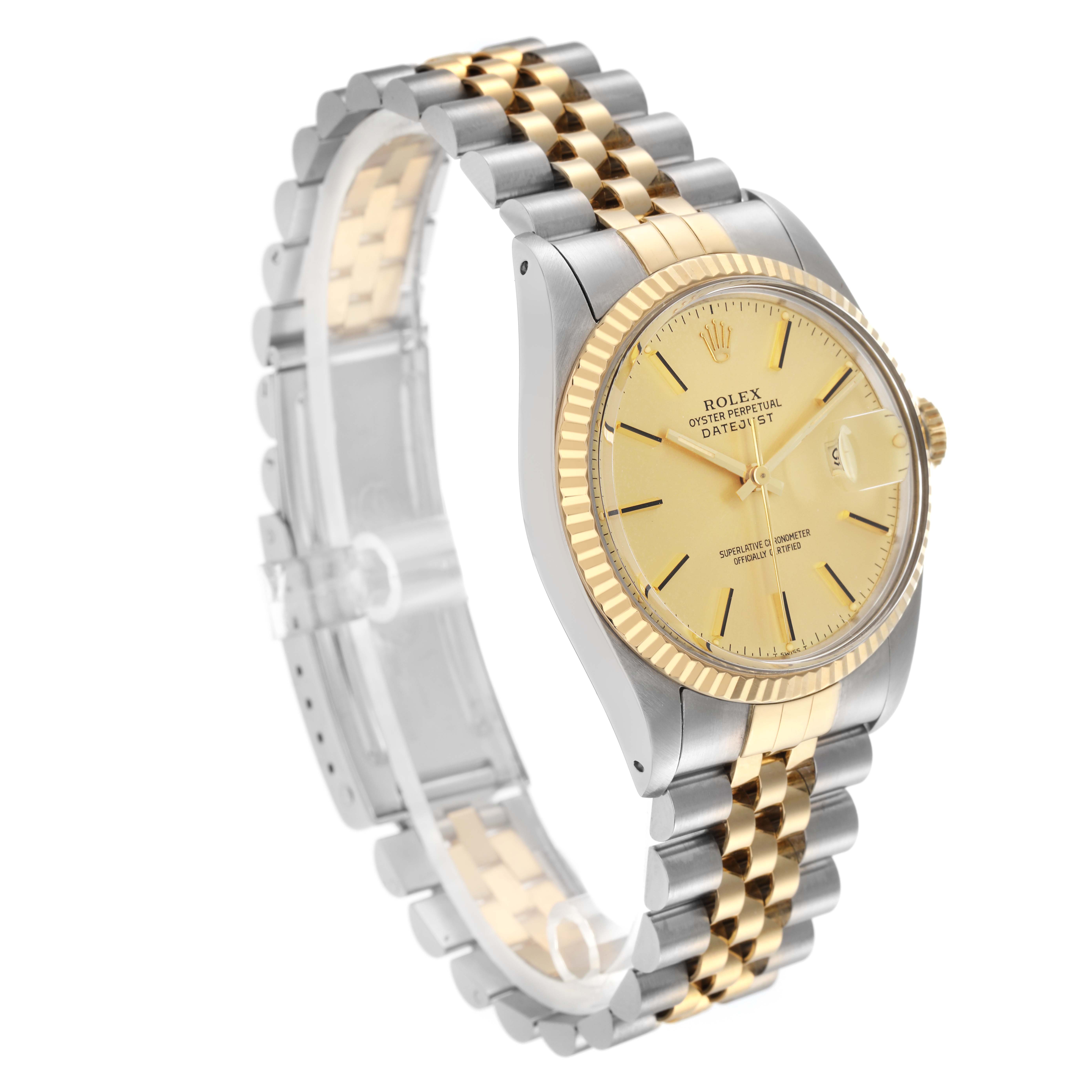 The Rolex Datejust model number 16013 is shown at a three-quarter angle, highlighting its two-tone bracelet, champagne dial, fluted bezel, and side profile.