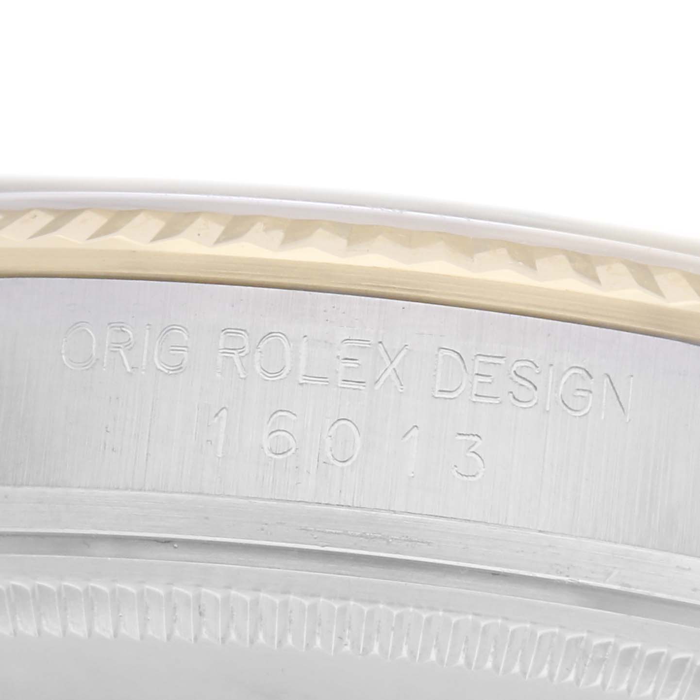 The image shows a close-up of the case side of a Rolex Datejust model 16013, highlighting the engraved "ORIG ROLEX DESIGN" and model number.