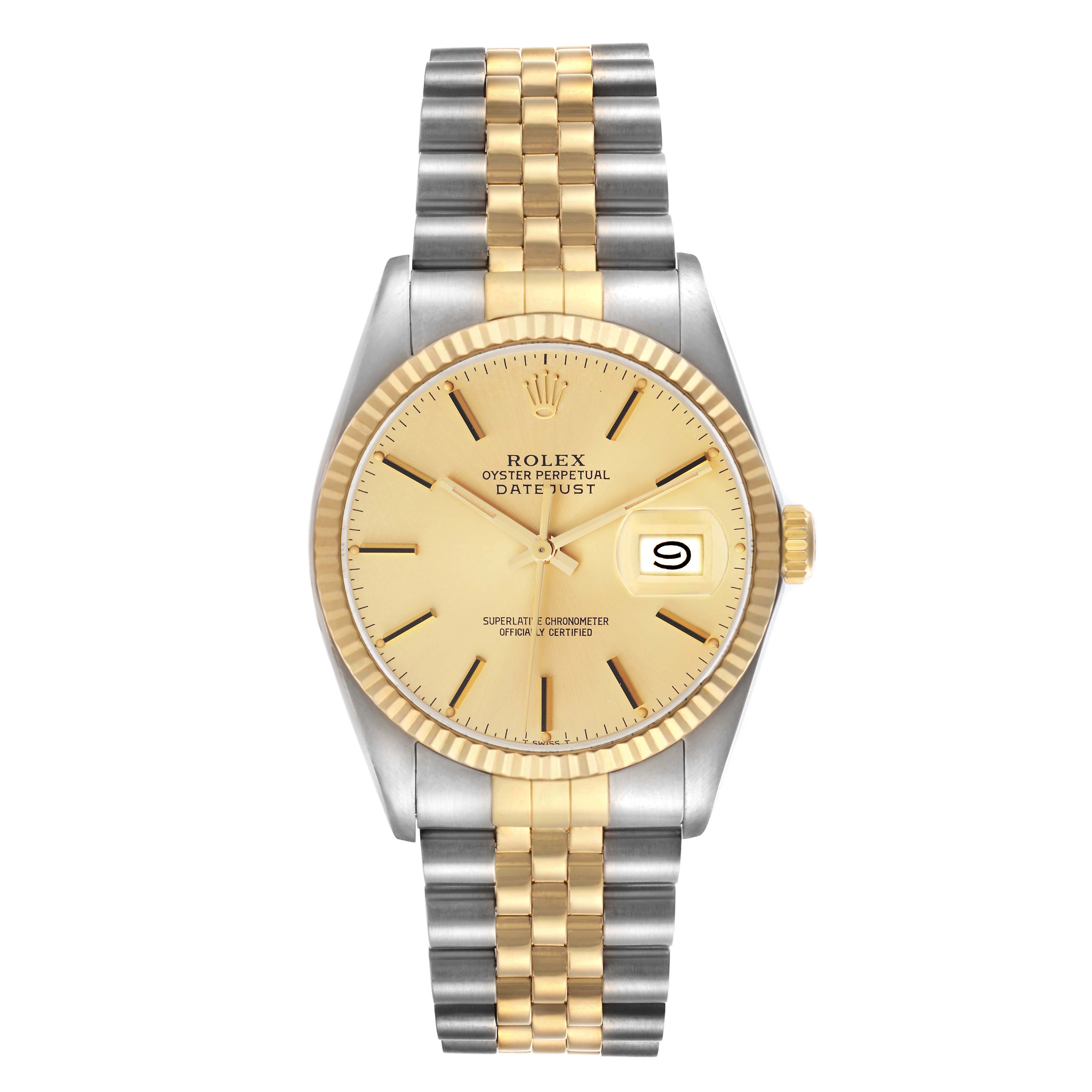 The Rolex Datejust model 16013 watch is shown from a top view, featuring its gold and silver two-tone bracelet, fluted bezel, champagne dial, and date window.