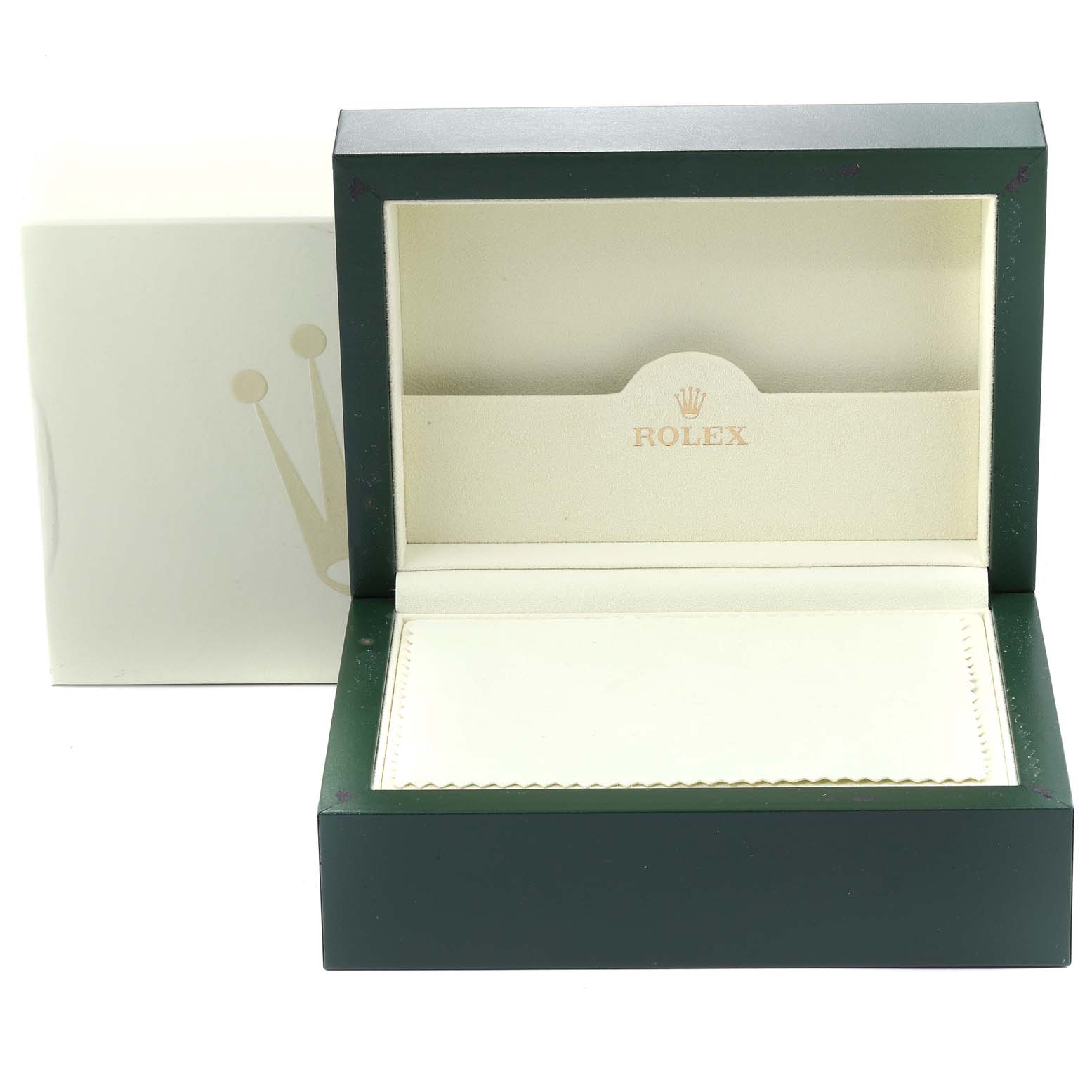 The image shows an open green and cream-colored Rolex watch box for a Turn-o-Graph model, viewed from the front.