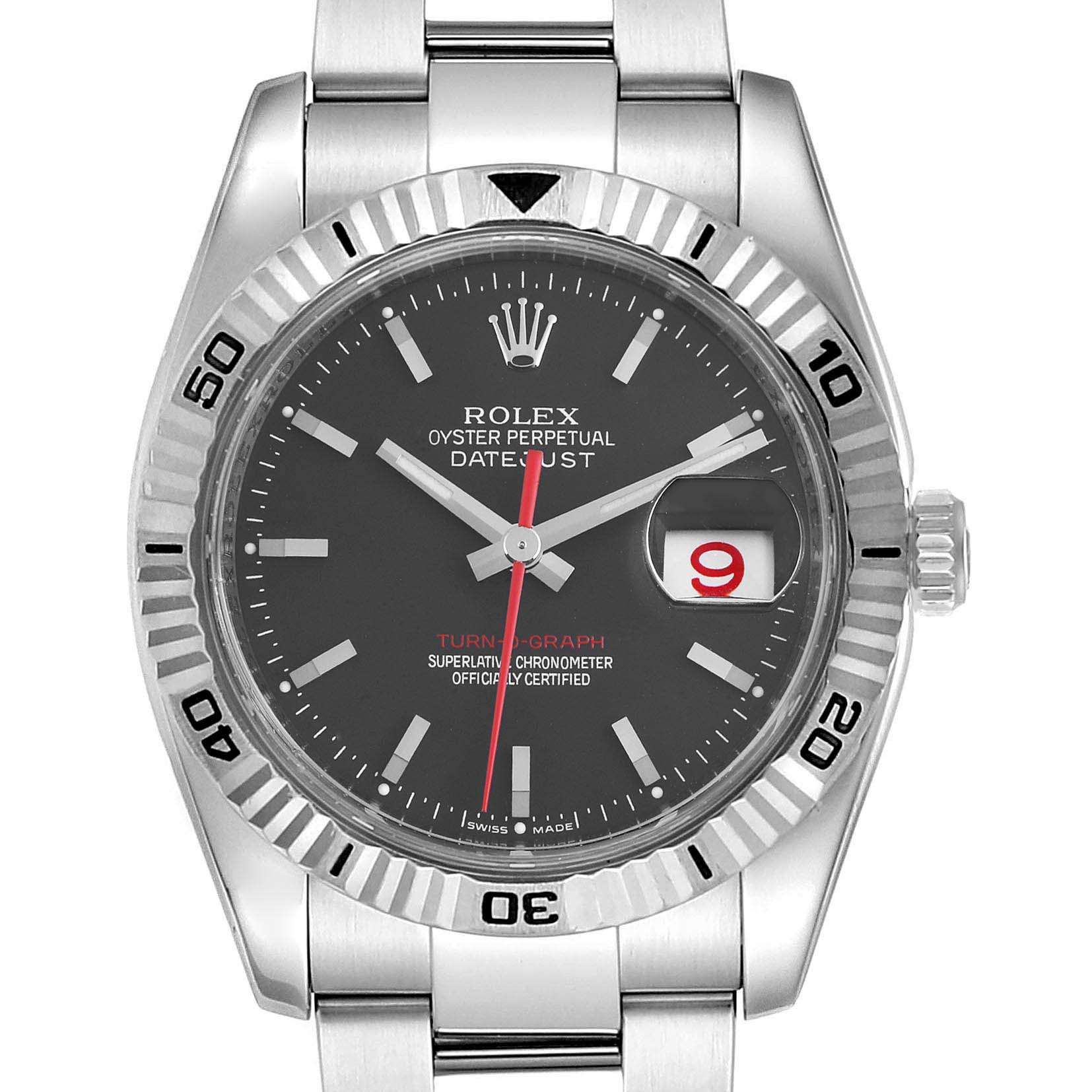 This image shows a front view of the Rolex Turn-o-Graph 116264 Men
s Stainless Steel Black Dial 116264 Men
s Stainless Steel Black Dial watch, featuring its bezel, dial, hands, and date window.