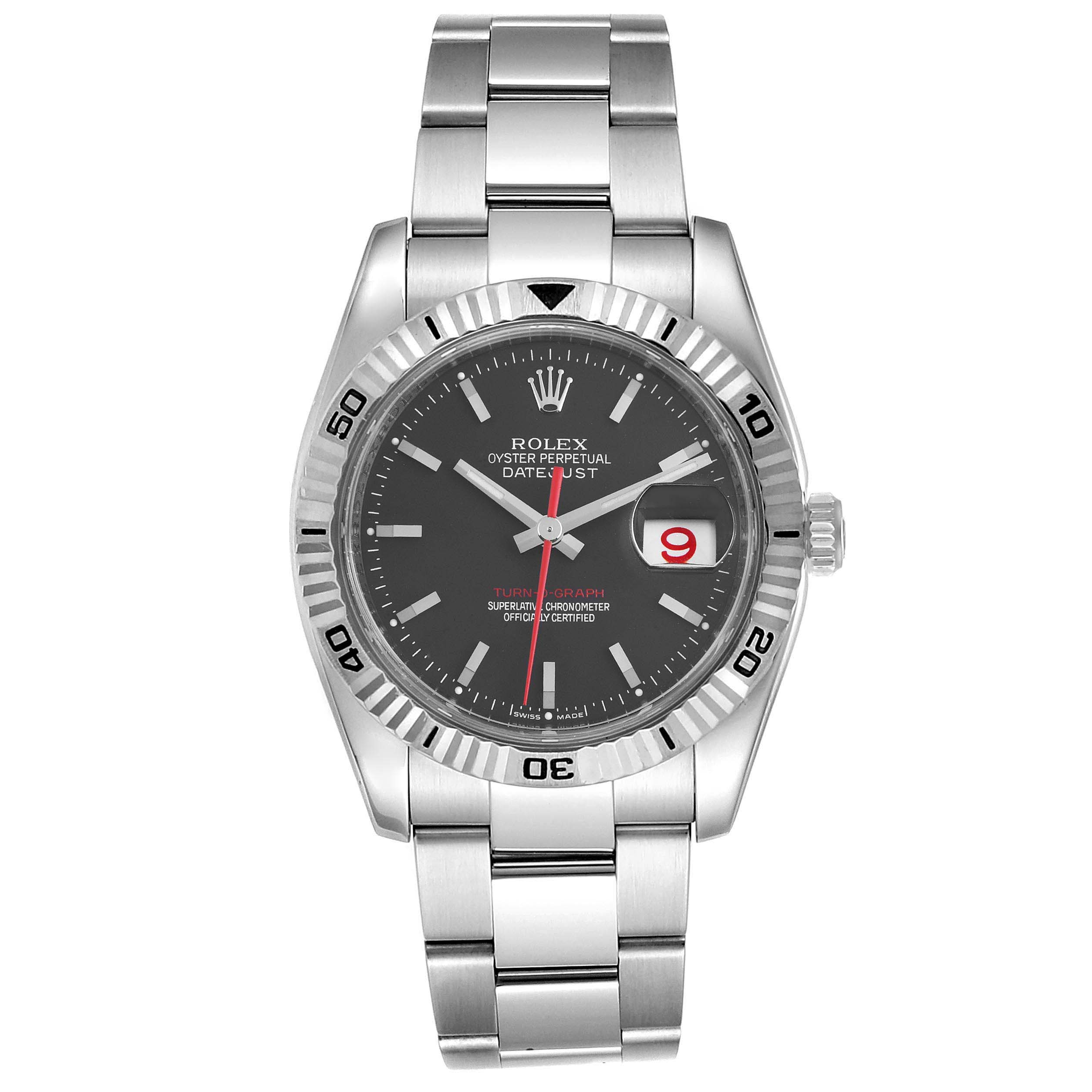 The image shows a Rolex Turn-o-Graph 116264 Men
s Stainless Steel Black Dial 116264 Men
s Stainless Steel Black Dial watch from a front angle, featuring the bezel, dial, hands, bracelet, and date window.