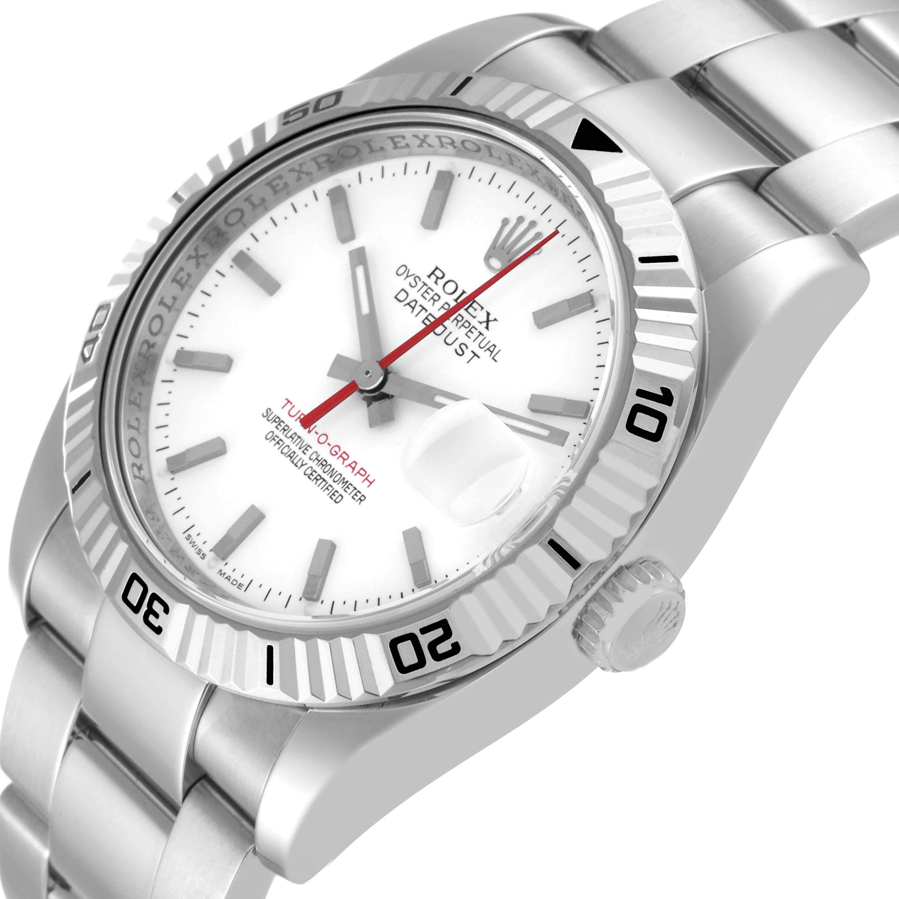 The image shows a side view of a Rolex Turn-o-Graph 116264 Men
s Stainless Steel White Dial 116264 Men
s Stainless Steel White Dial, highlighting the bezel, dial, crown, and bracelet.