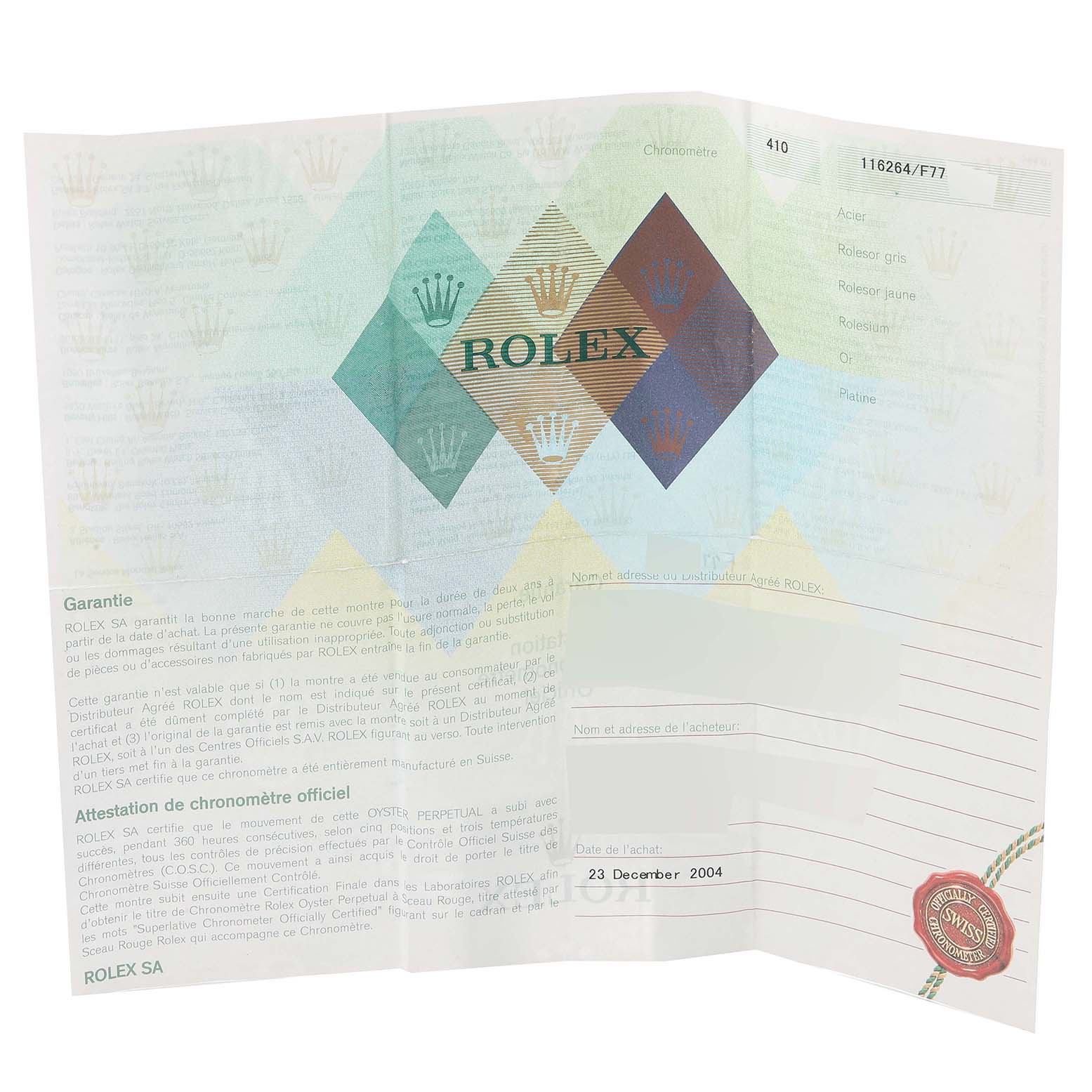 This image shows the warranty certificate for a Rolex Turn-o-Graph 116264 Men
s Stainless Steel White Dial 116264 Men
s Stainless Steel White Dial watch, dated December 23, 2004.