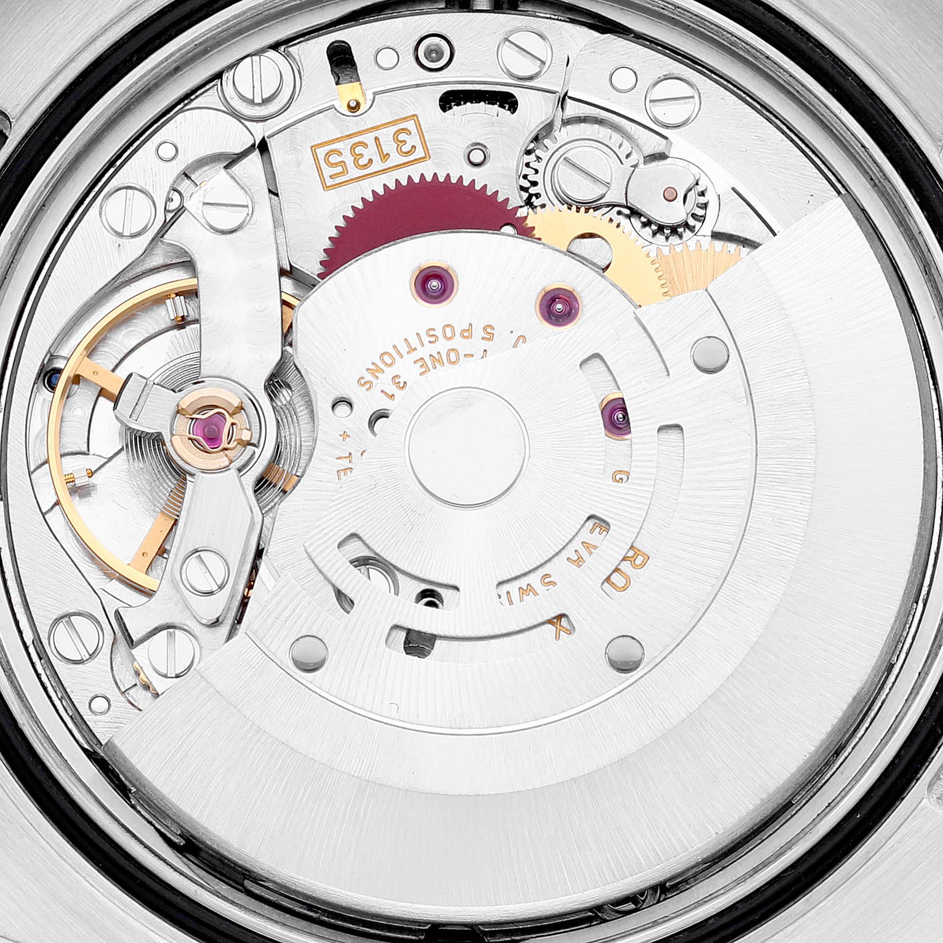 This image shows the intricate internal mechanical movement of a Rolex Turn-o-Graph 116264 Men
s Stainless Steel White Dial 116264 Men
s Stainless Steel White Dial watch from a top-down view.