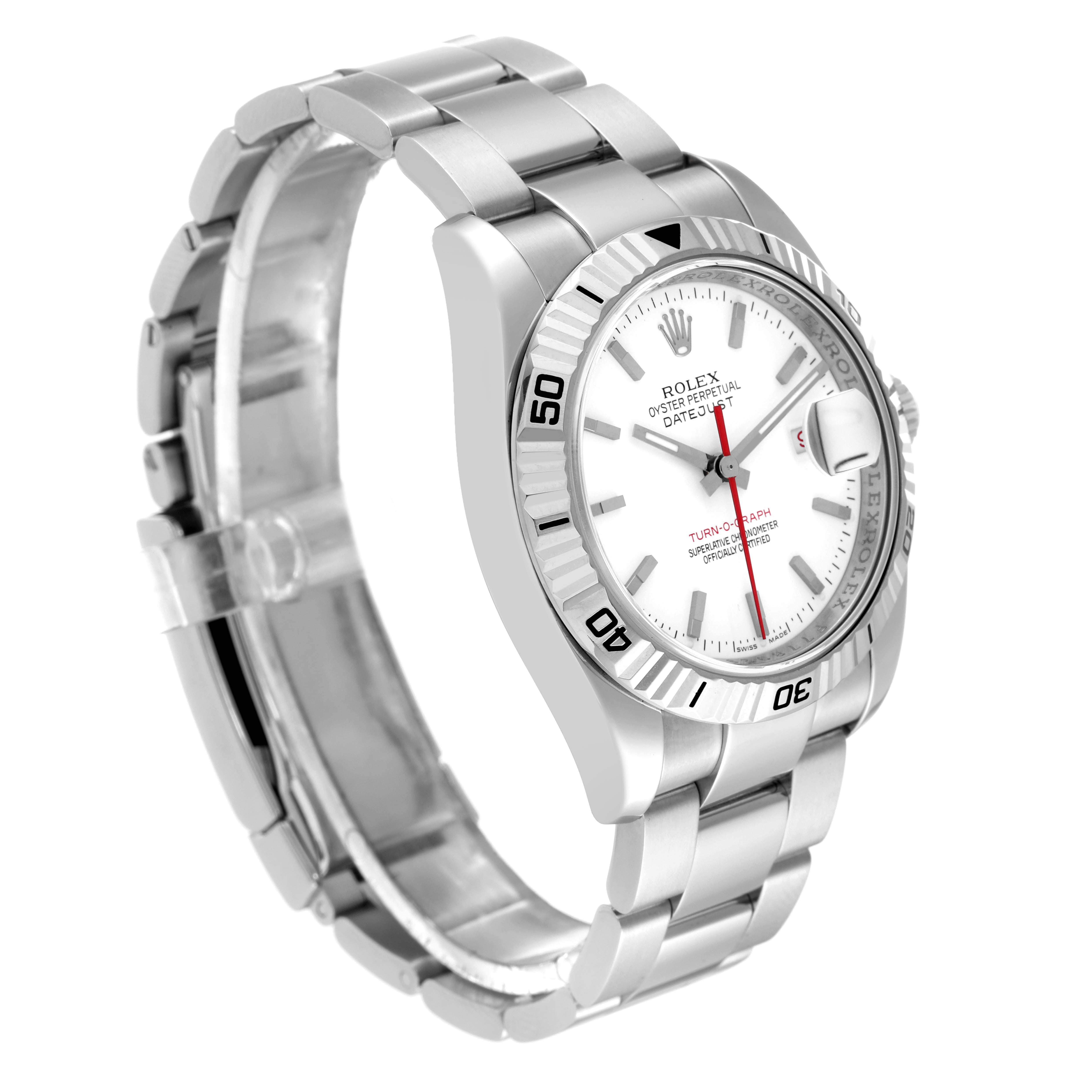 The image shows a left-side angle of the Rolex Turn-o-Graph 116264 Men
s Stainless Steel White Dial 116264 Men
s Stainless Steel White Dial watch, highlighting the bezel, dial, and bracelet.