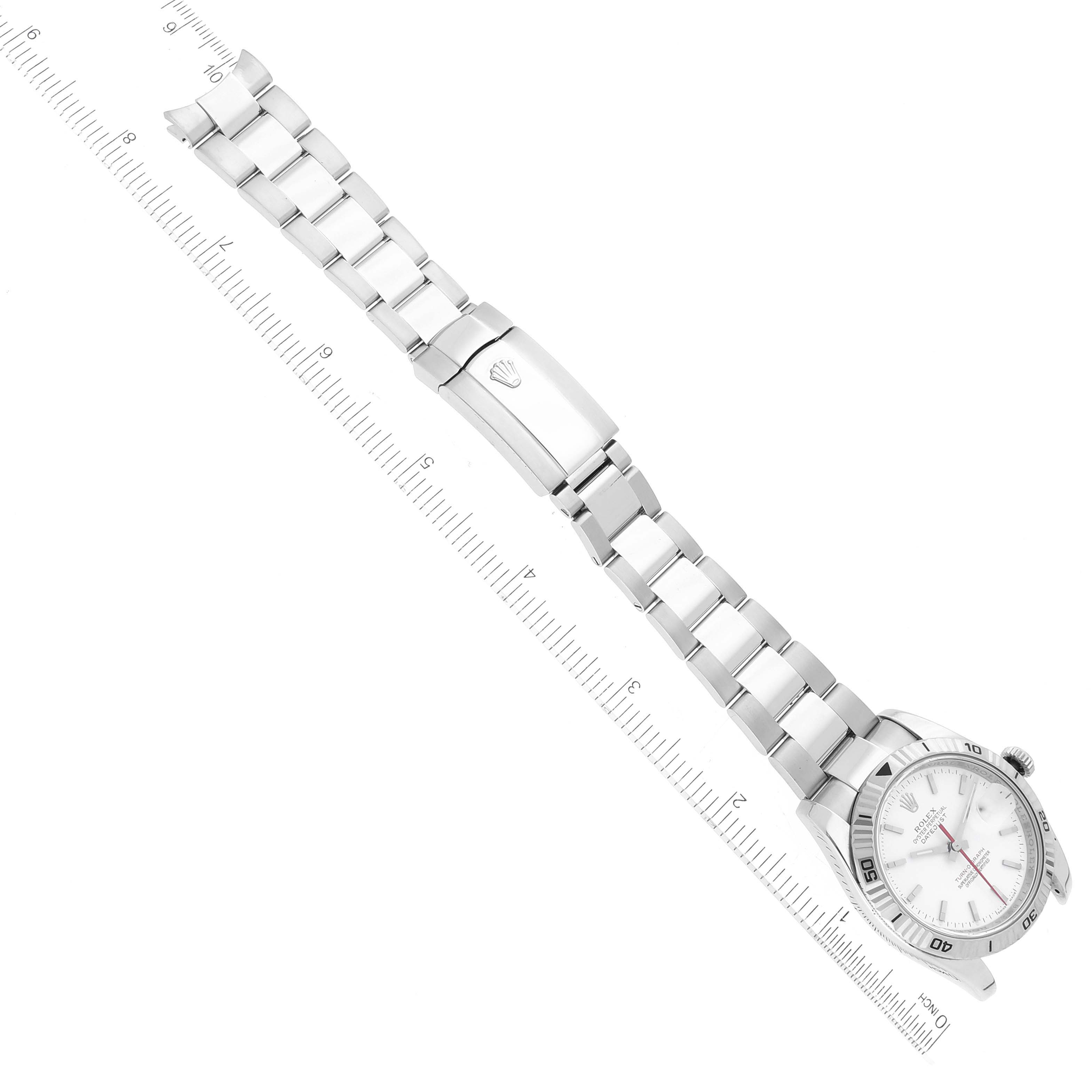 The image shows a top-down view of the Rolex Turn-o-Graph 116264 Men
s Stainless Steel White Dial 116264 Men
s Stainless Steel White Dial watch, including its dial, bezel, and metal bracelet with a clasp.