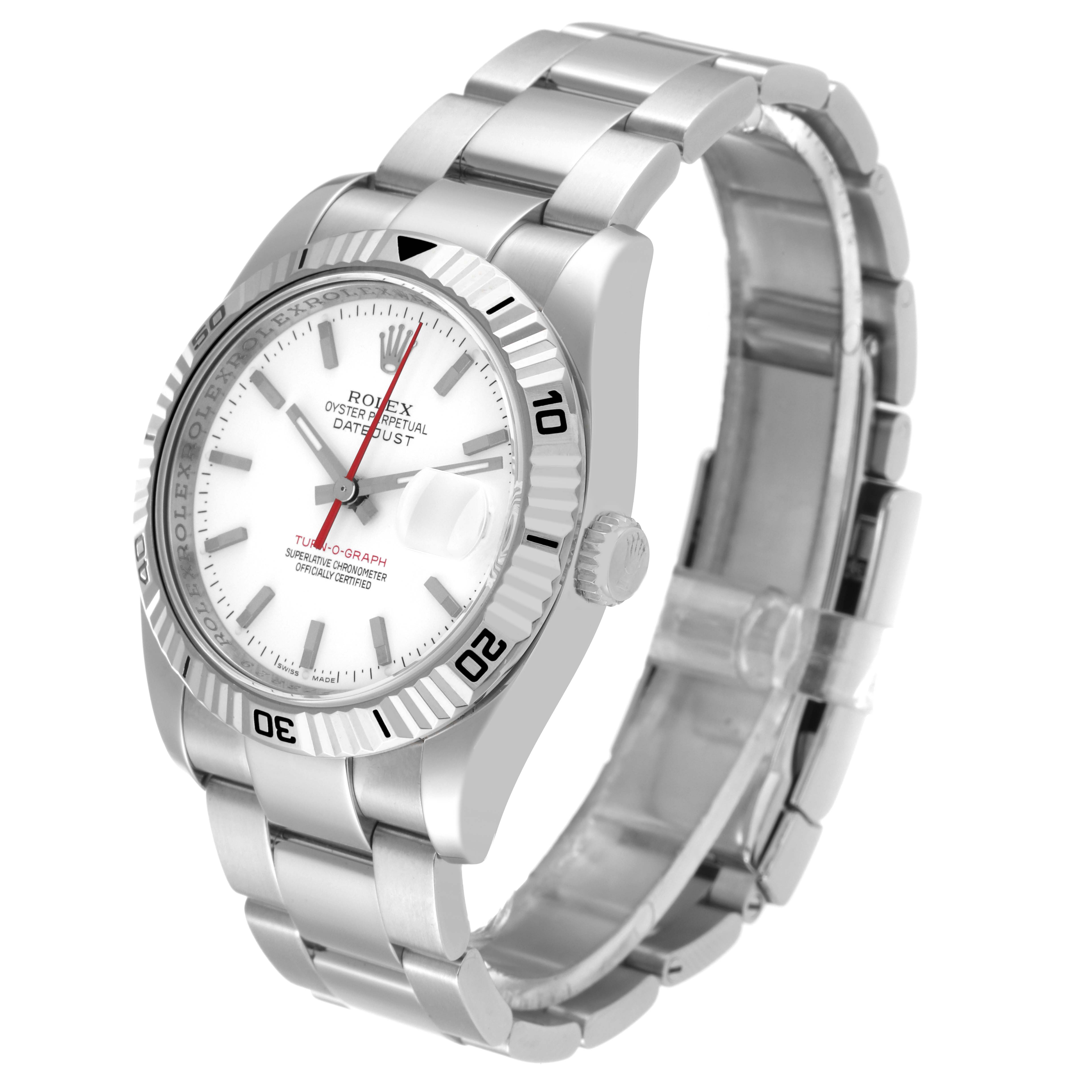 The image shows a Rolex Turn-o-Graph 116264 Men
s Stainless Steel White Dial 116264 Men
s Stainless Steel White Dial watch at a three-quarter angle, highlighting the face, bezel, case, bracelet, and clasp.