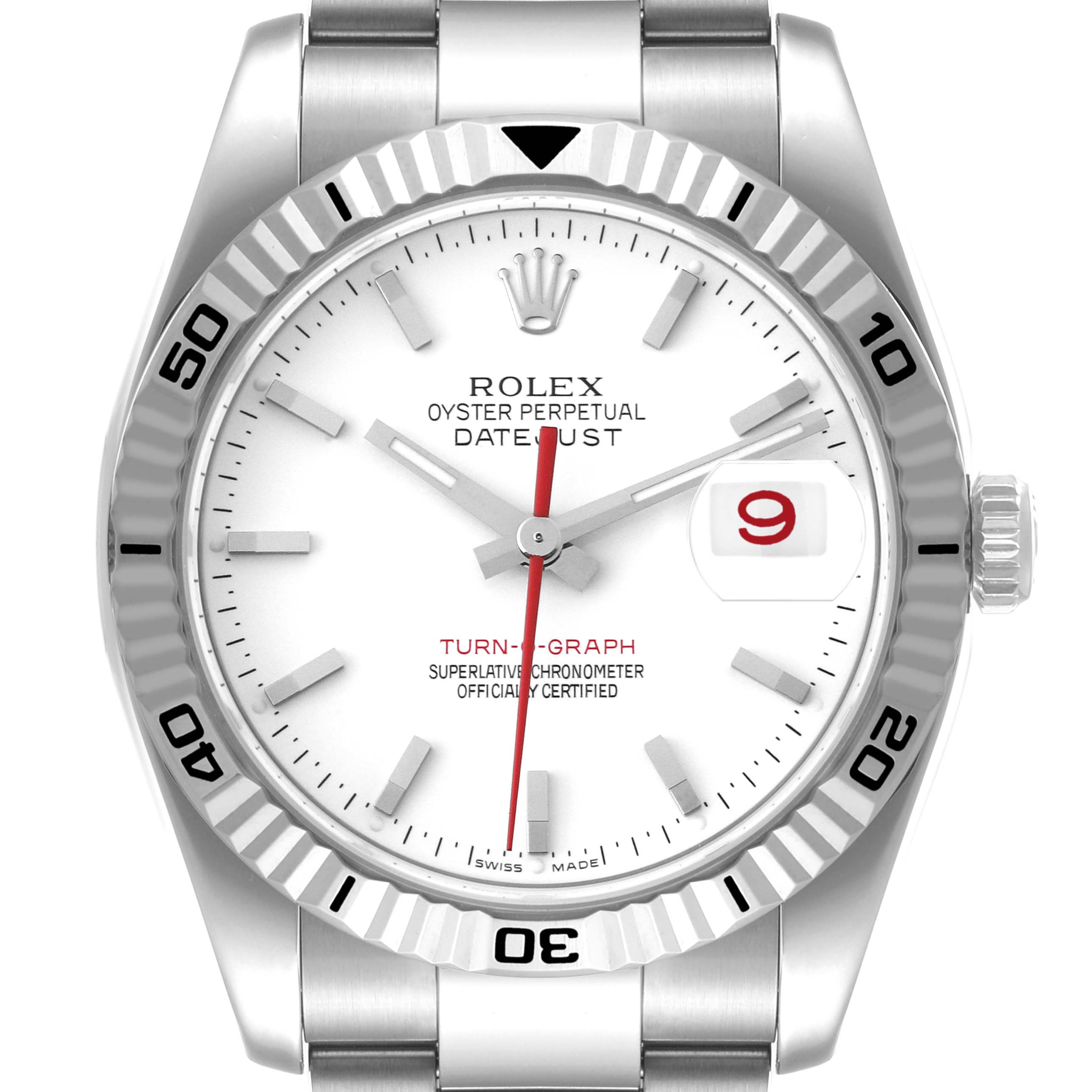 The Rolex Turn-o-Graph 116264 Men
s Stainless Steel White Dial 116264 Men
s Stainless Steel White Dial watch is shown from a front angle, featuring its dial, hands, date window, and bezel.